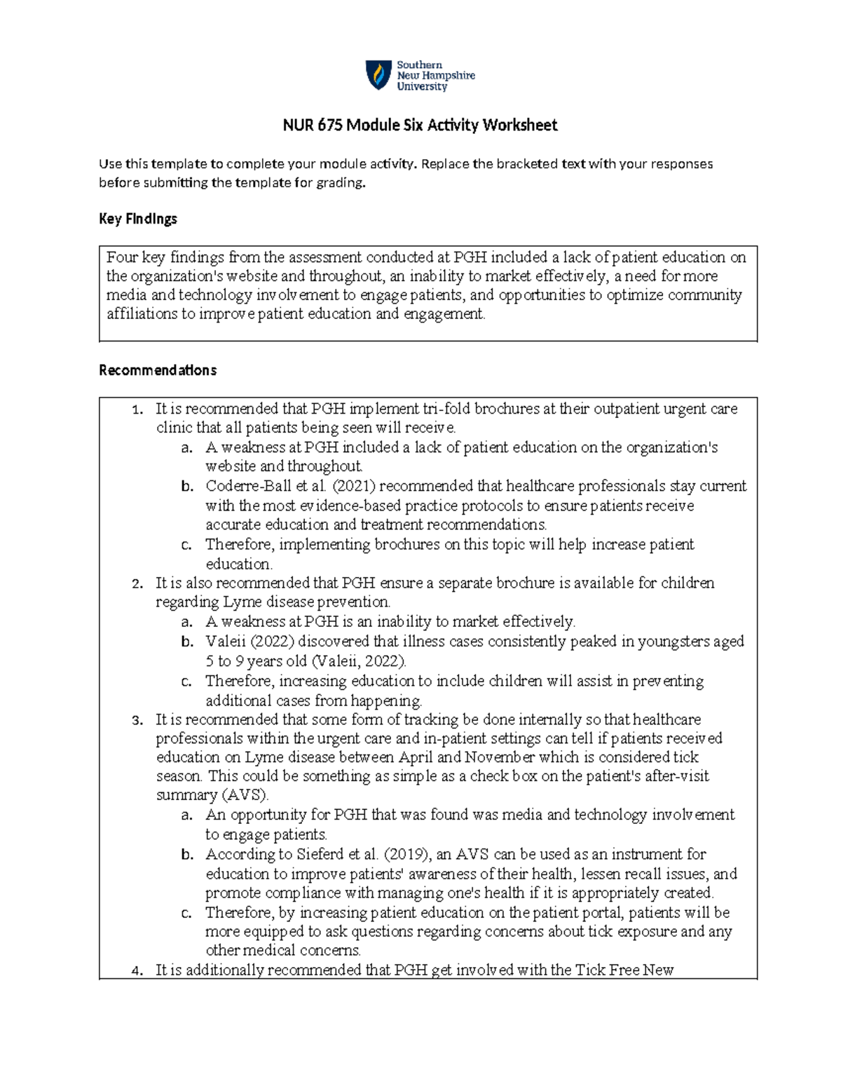 NUR 675 Module Six Activity Worksheet: Key Findings and Recommendations ...