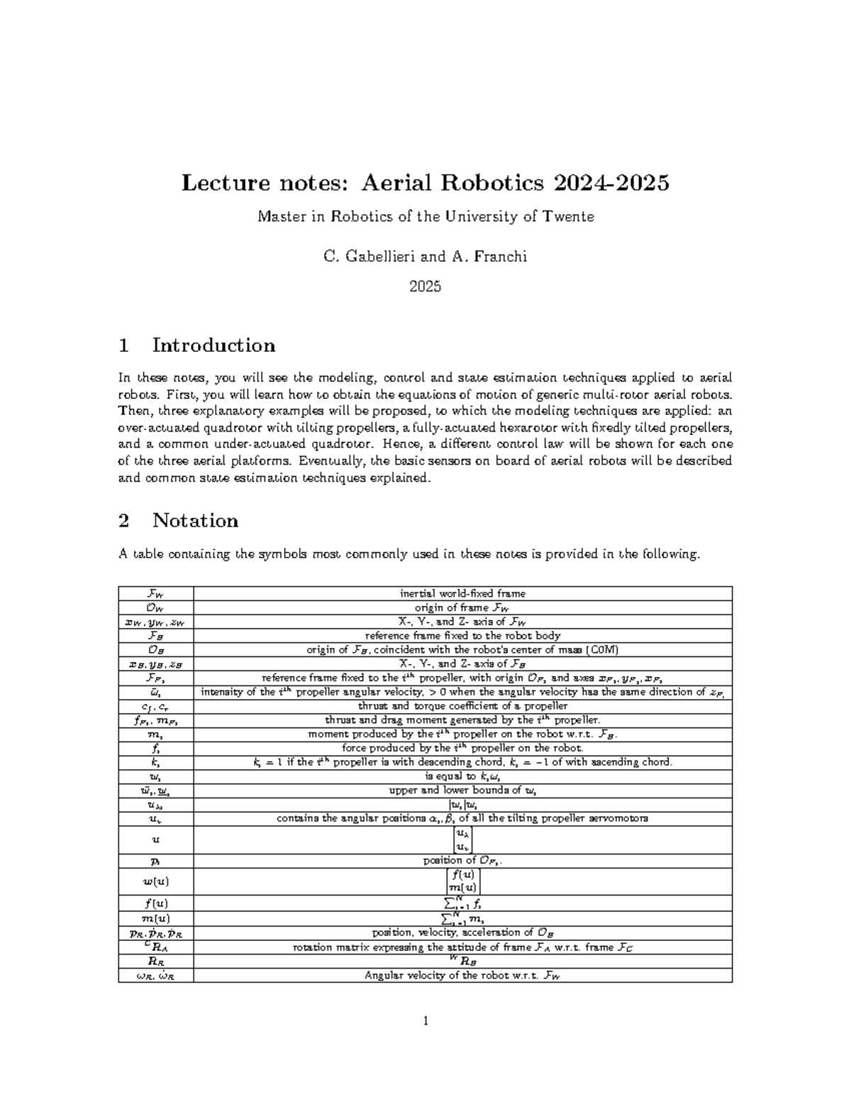 Aerial Robotics Lecture Notes: Modeling & Control Techniques (2024-2025 ...