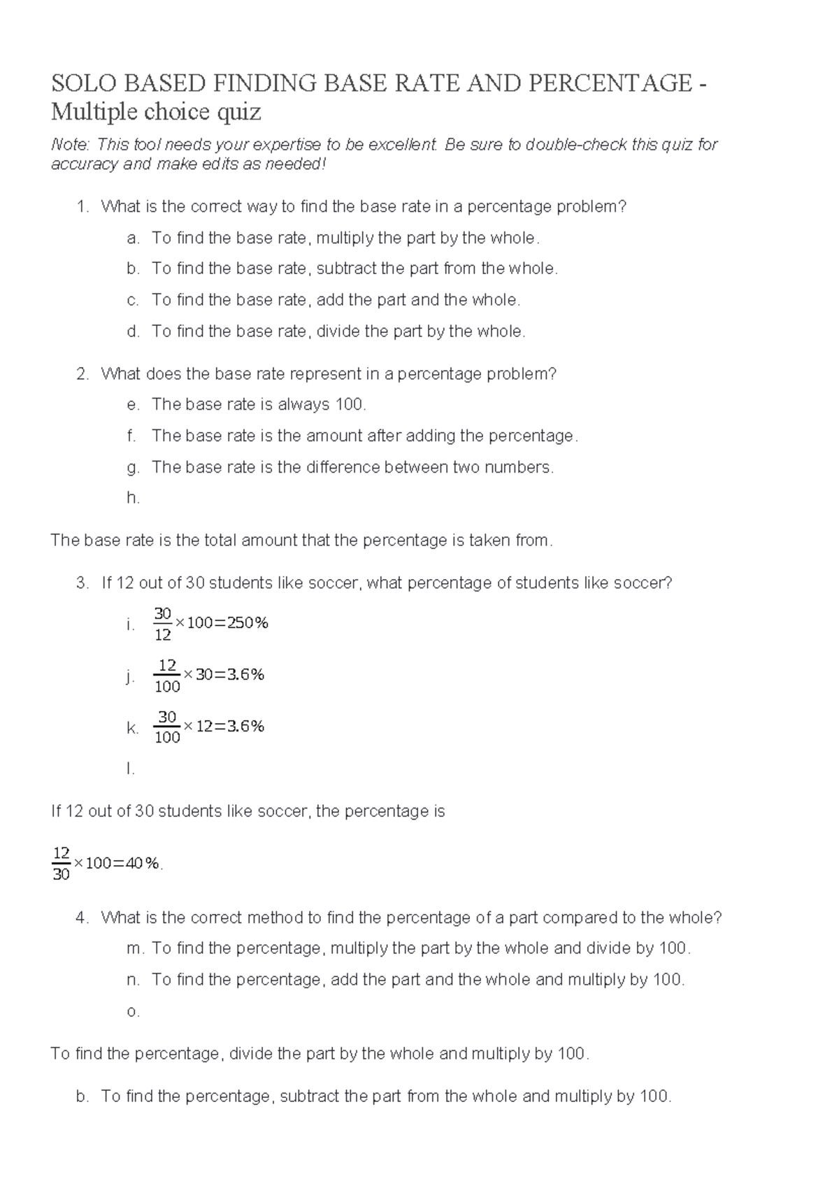 SOLO Based Quiz: Finding Base Rate & Percentage - Studocu