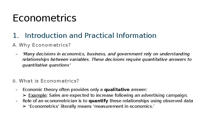 Econometrics 1: Introduction to Causal Inference and Analysis - Studocu