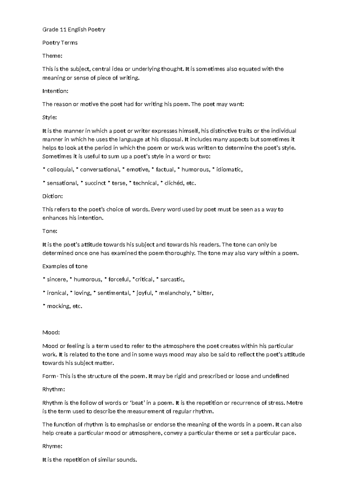 Grade 11 English Poetry: Key Terms and Concepts Explained - Studocu