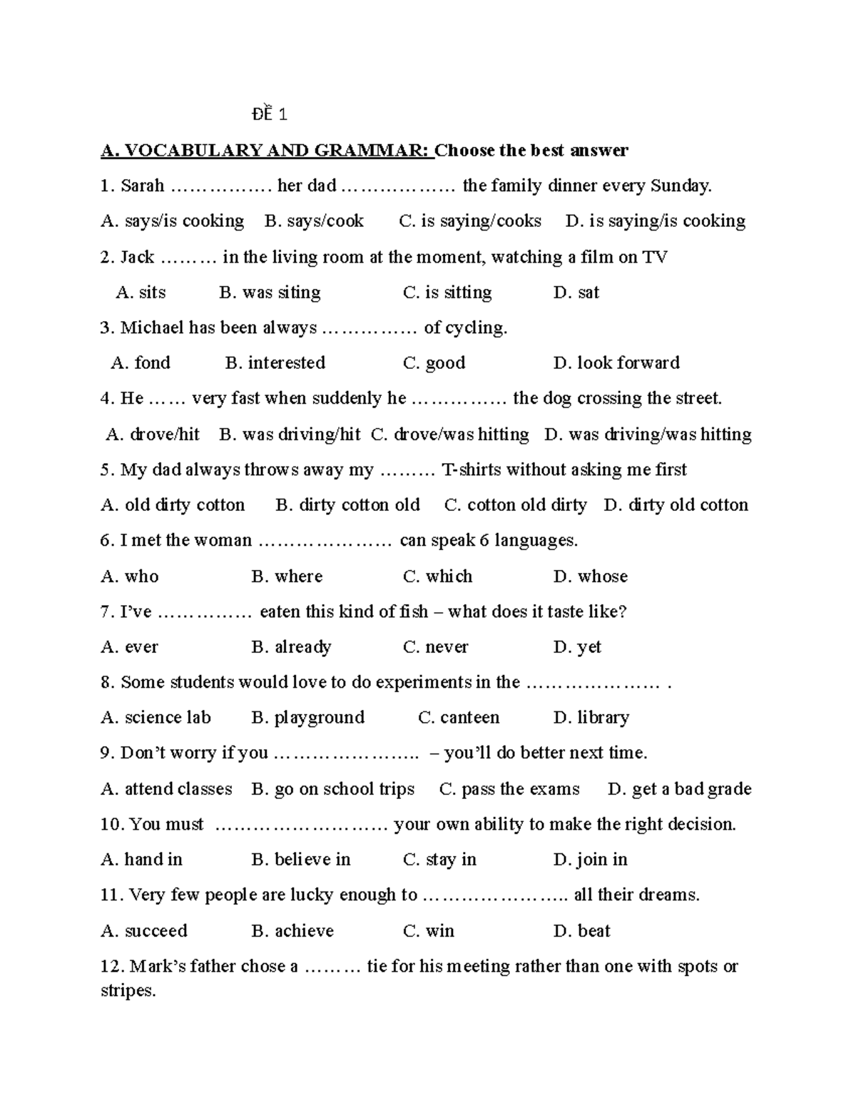 Đề 1: Vocabulary and Grammar Practice for English Learners - Studocu