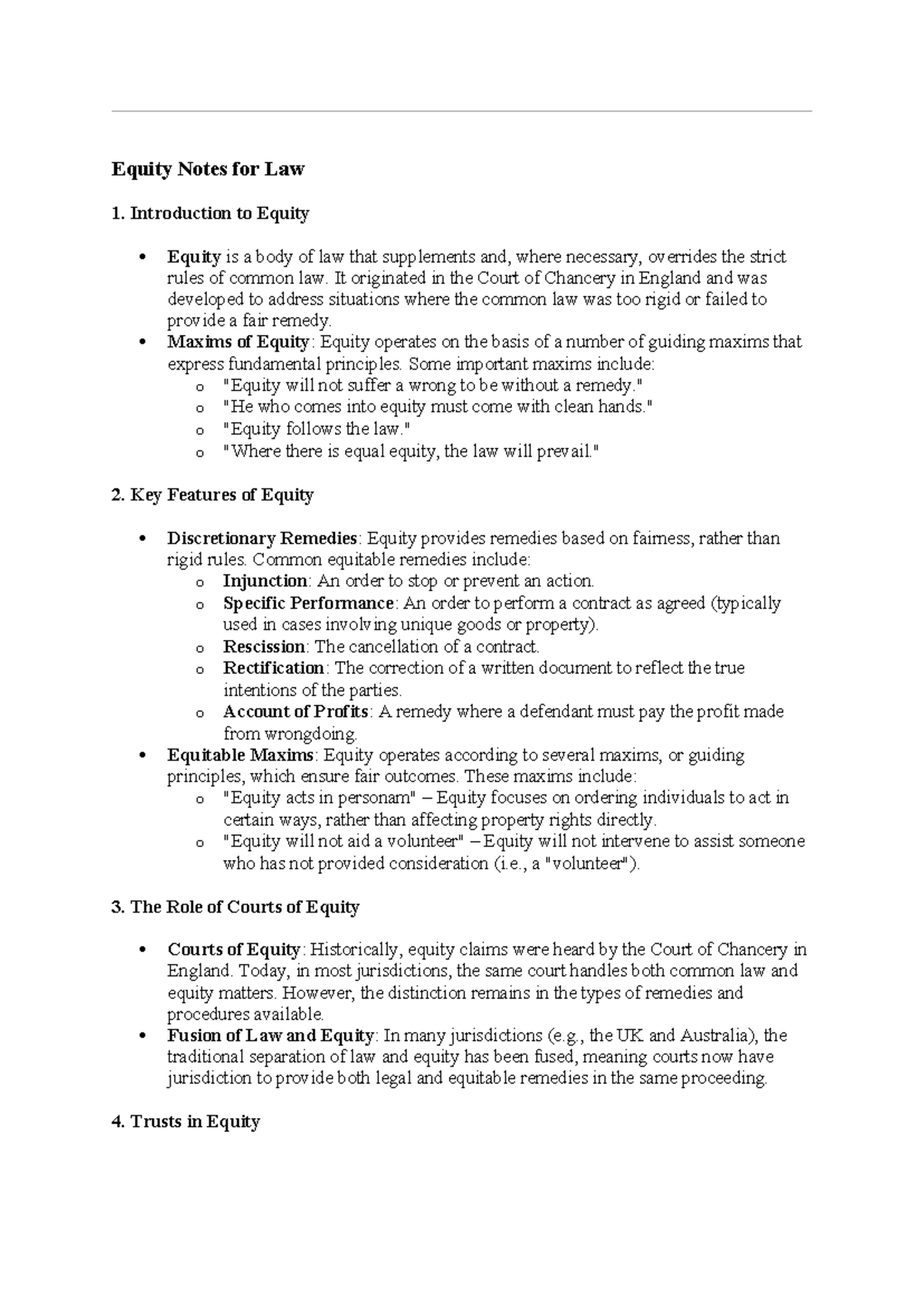 Equity Notes for Law - Introduction to Equity Equity is a body of law ...