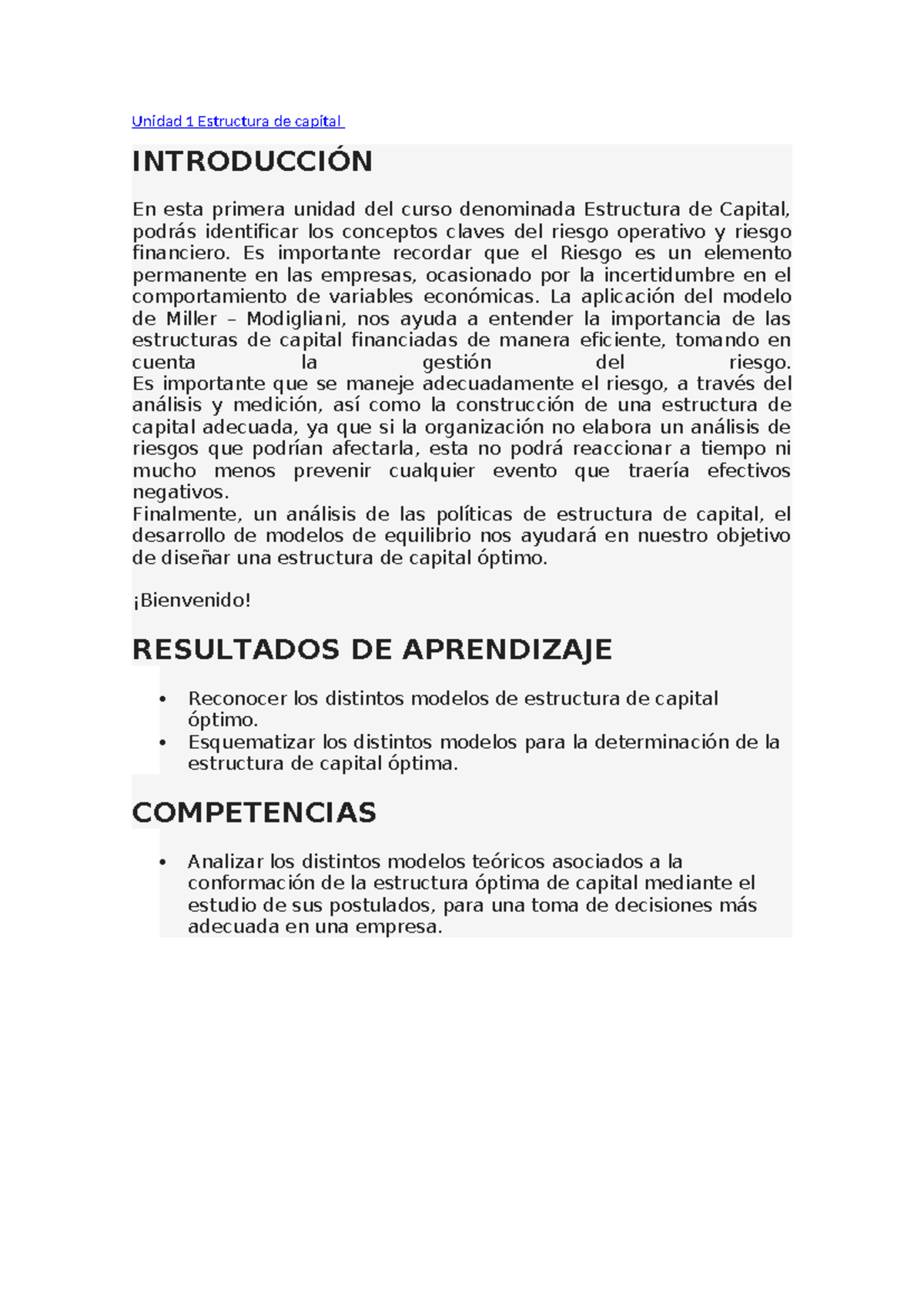 Unidad 1: Estructura de Capital y Riesgo Financiero - Studocu