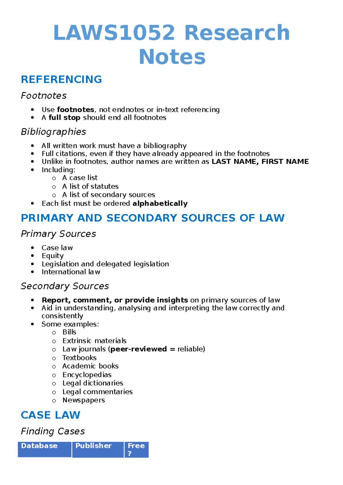 LAWS1052 Research Notes - LAWS1052 Research Notes REFERENCING Footnotes ...