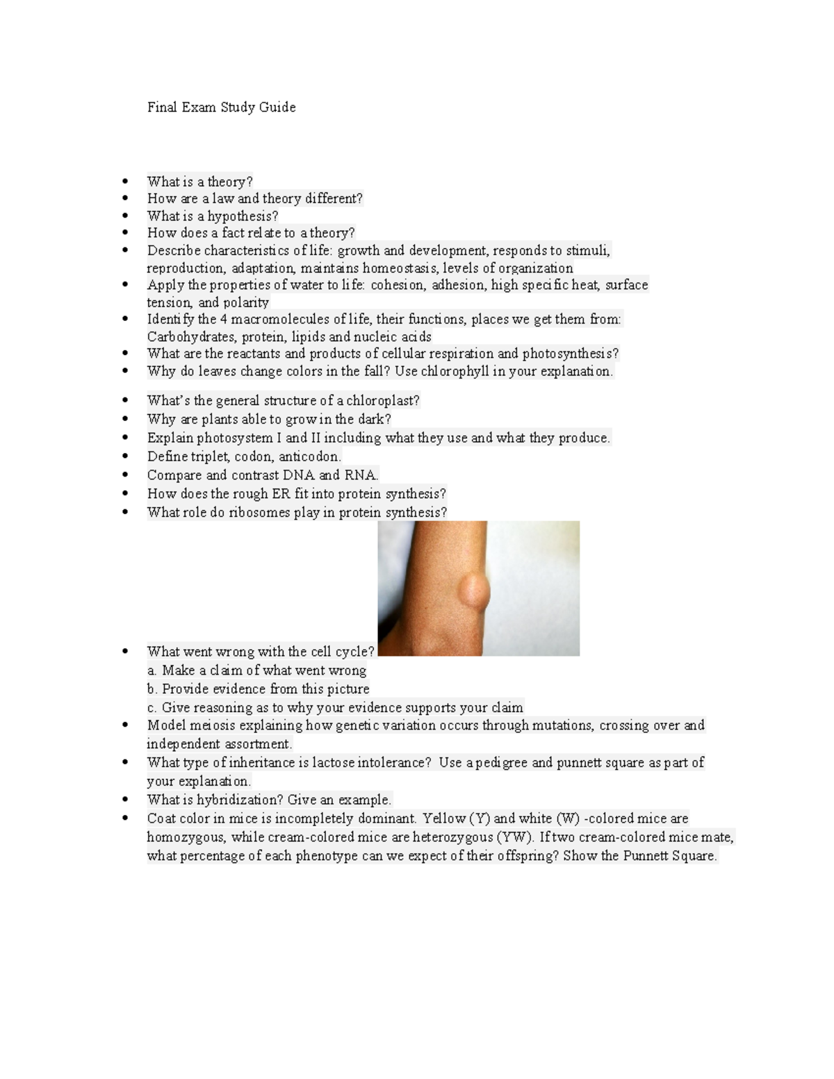 Final Exam Study Guide for Biology (Biol 101) - Final Exam Study Guide ...