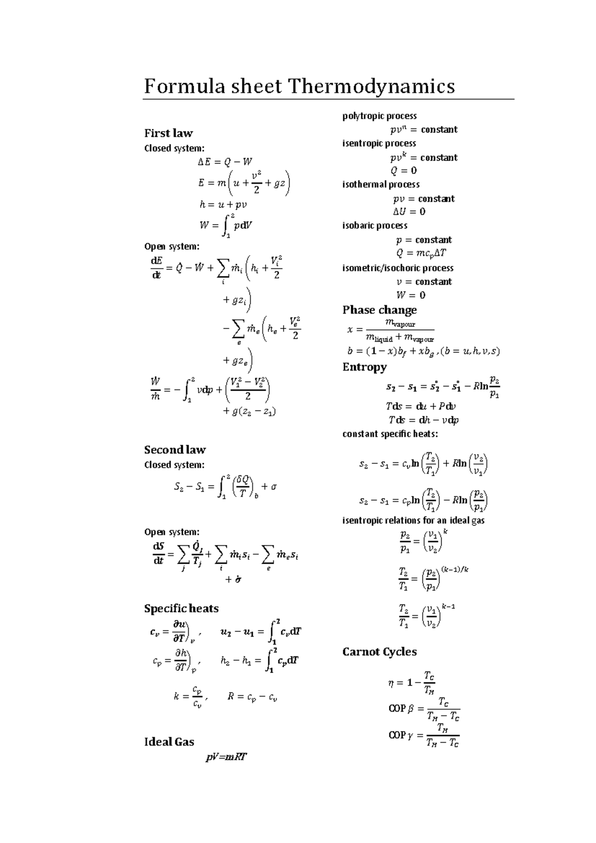 Fundamentals of Engineering Thermodynamics Formula Sheet Thermodynamics ...