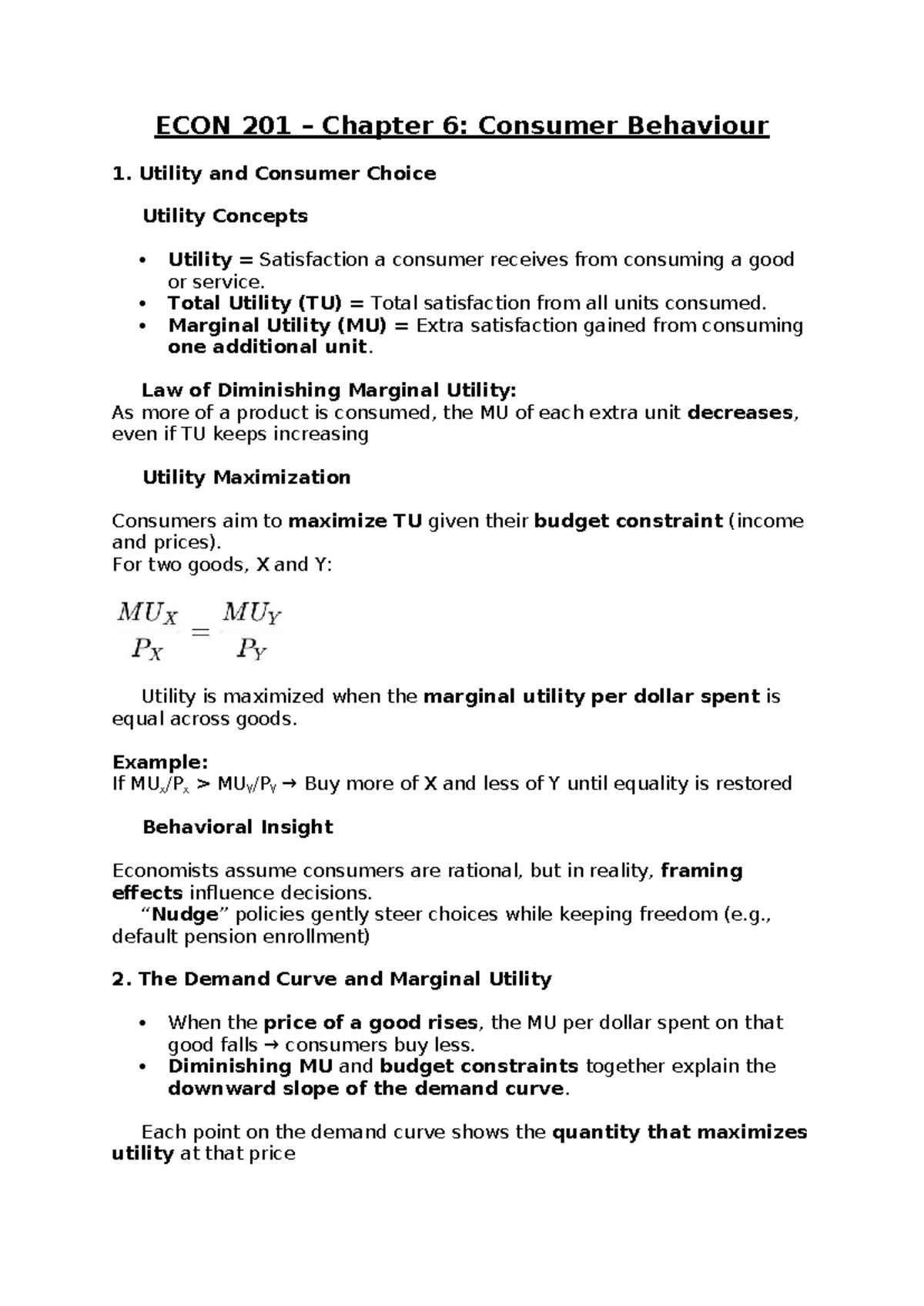 ECON 201 Chapter 6: Consumer Behaviour - Utility & Demand Analysis ...