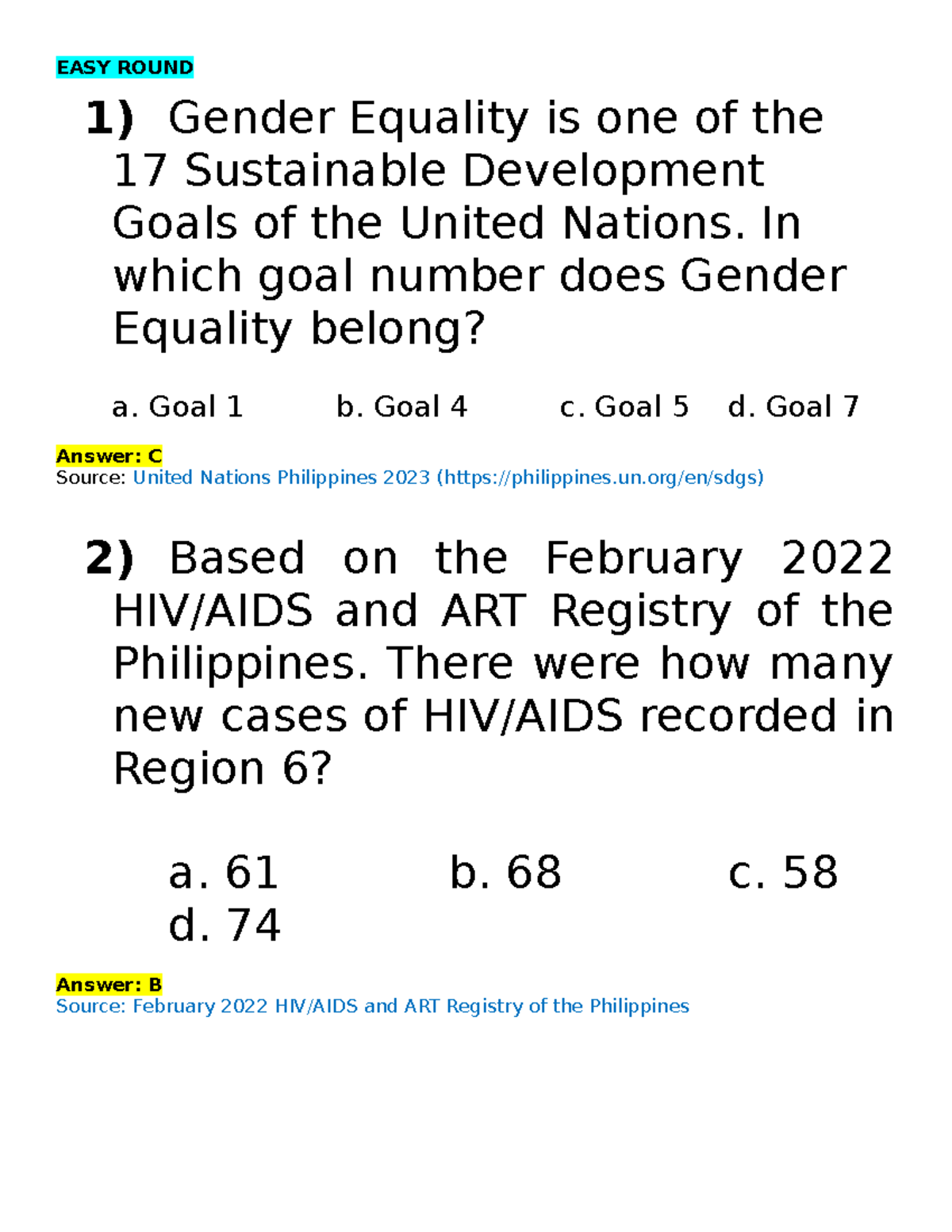 POP DEV QUIZ - KEY QUESTIONS FOR POPULATION QUIZ BEE - Studocu