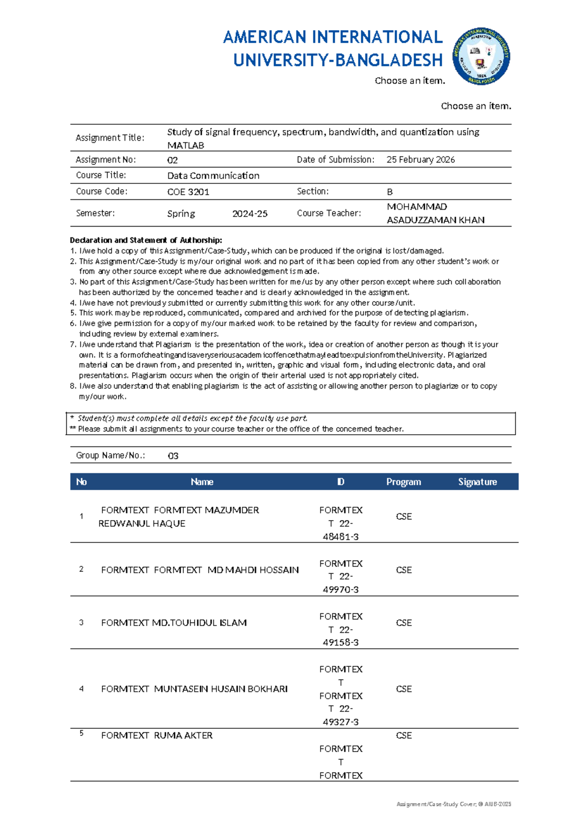 COE 3201 B: Datacom Lab Report on Signal Analysis Using MATLAB - Studocu