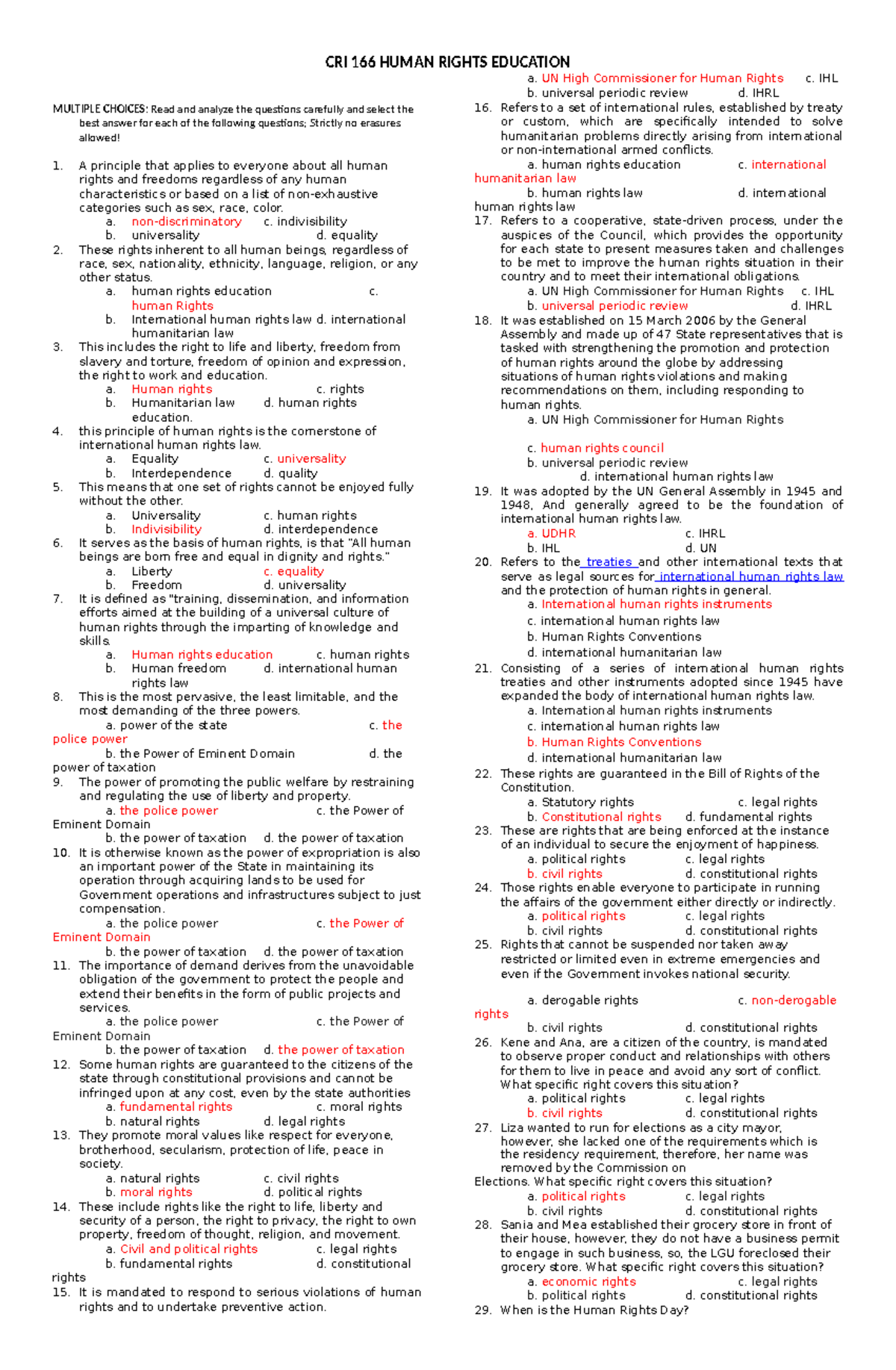 CRI 166 Human Rights Education: Multiple Choice Questions Review