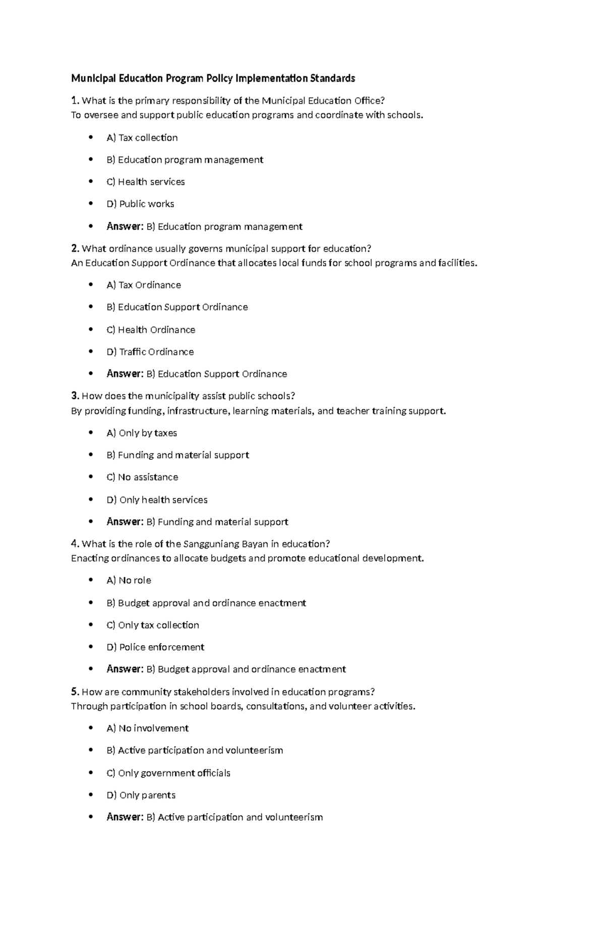 Municipal Education Program Policy Implementation Standards Overview ...
