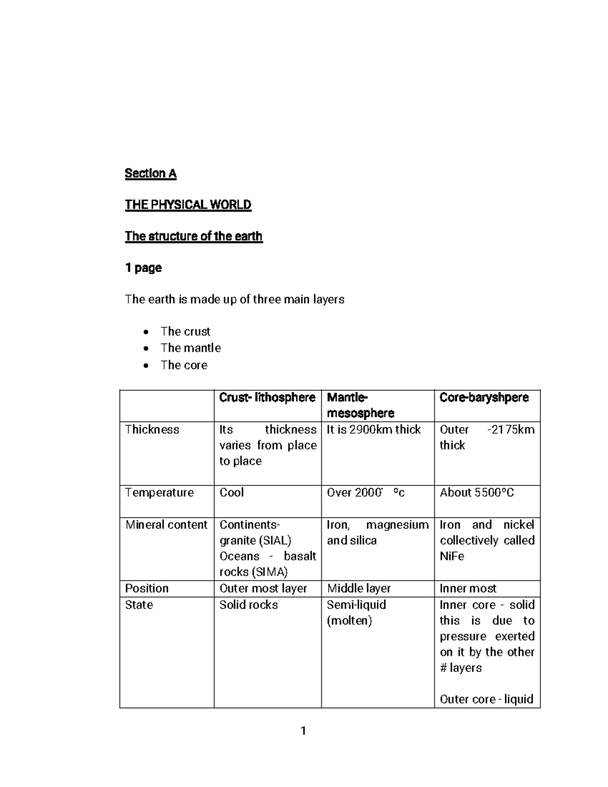 Geography notes - SectionA THEPHYSICALWORLD Thestructureoftheearth 1 ...
