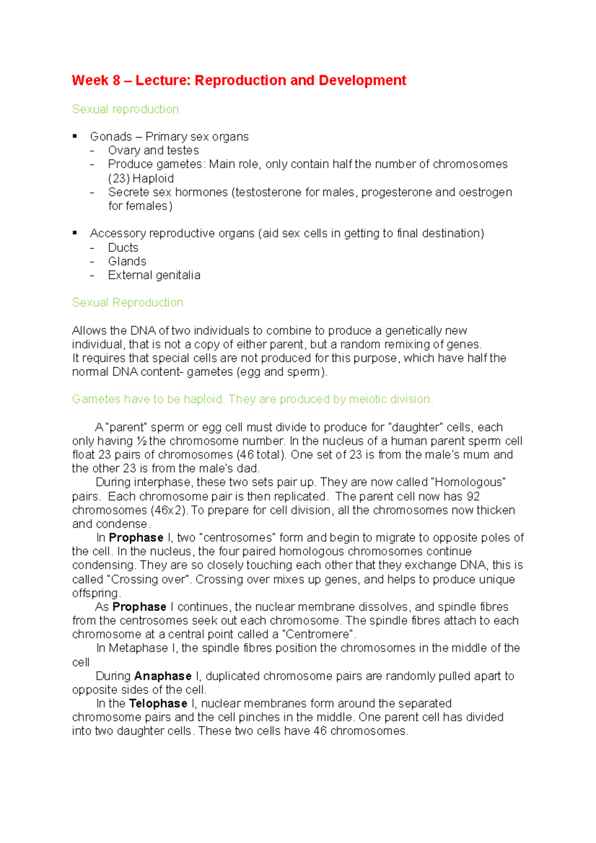 WK8- Lecture notes 1406 - Week 8 – Lecture: Reproduction and ...