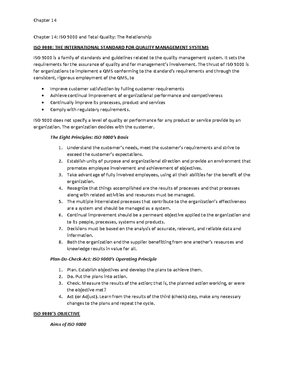 Chapter Fourteen Notes - Chapter 14 Chapter 14: ISO and Total Quality ...