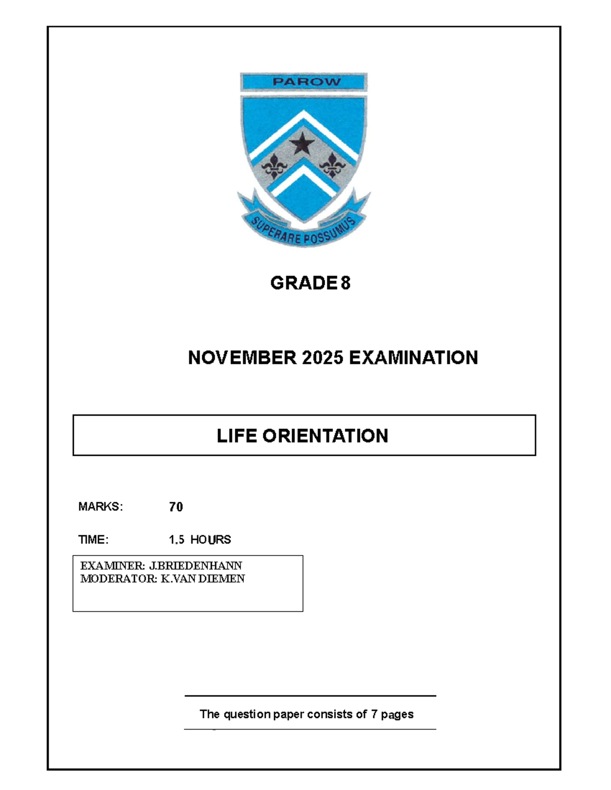 Grade 8 LO November 2025 Exam Paper: Life Orientation - Studocu