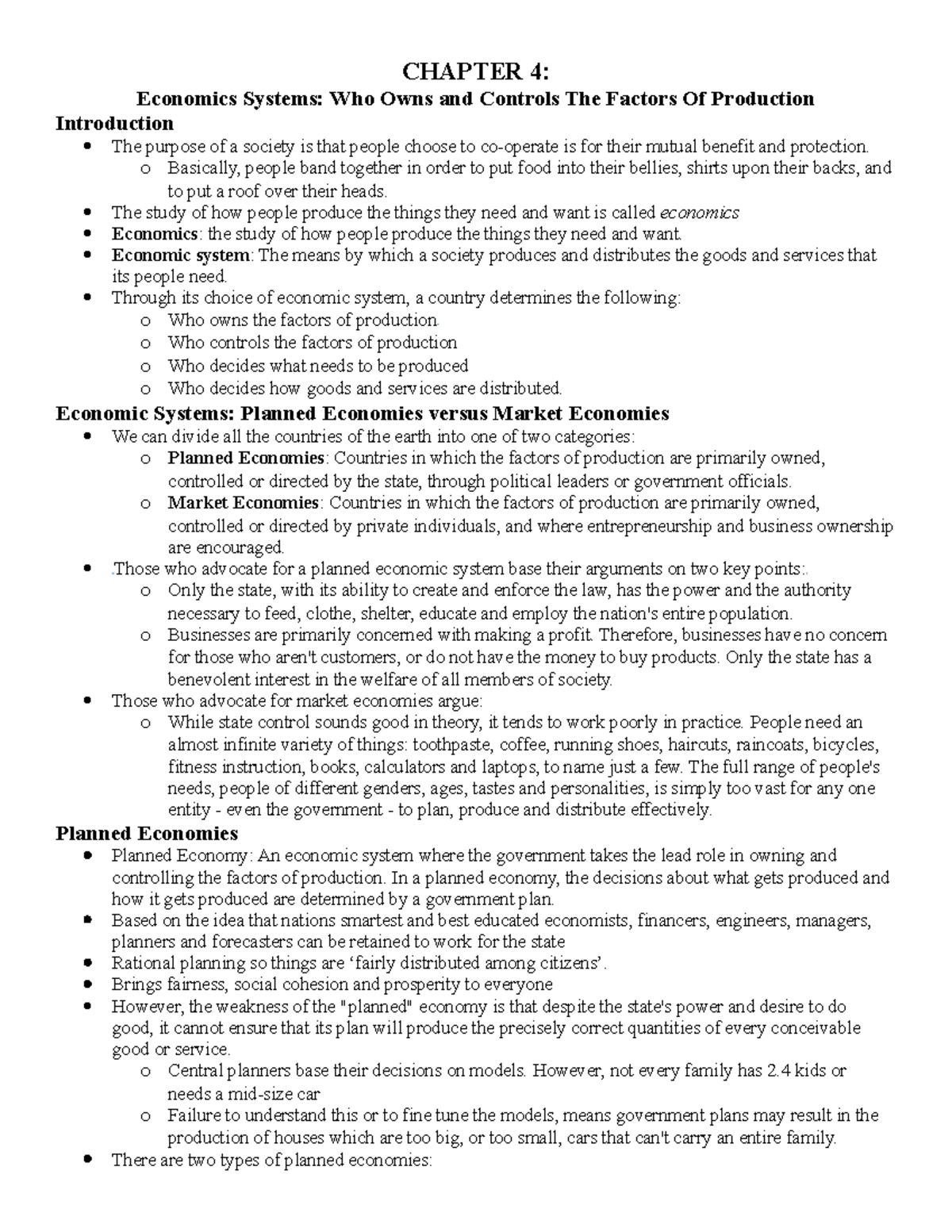 Chapter 4 - Uoft Notes - CHAPTER 4: Economics Systems: Who Owns and ...