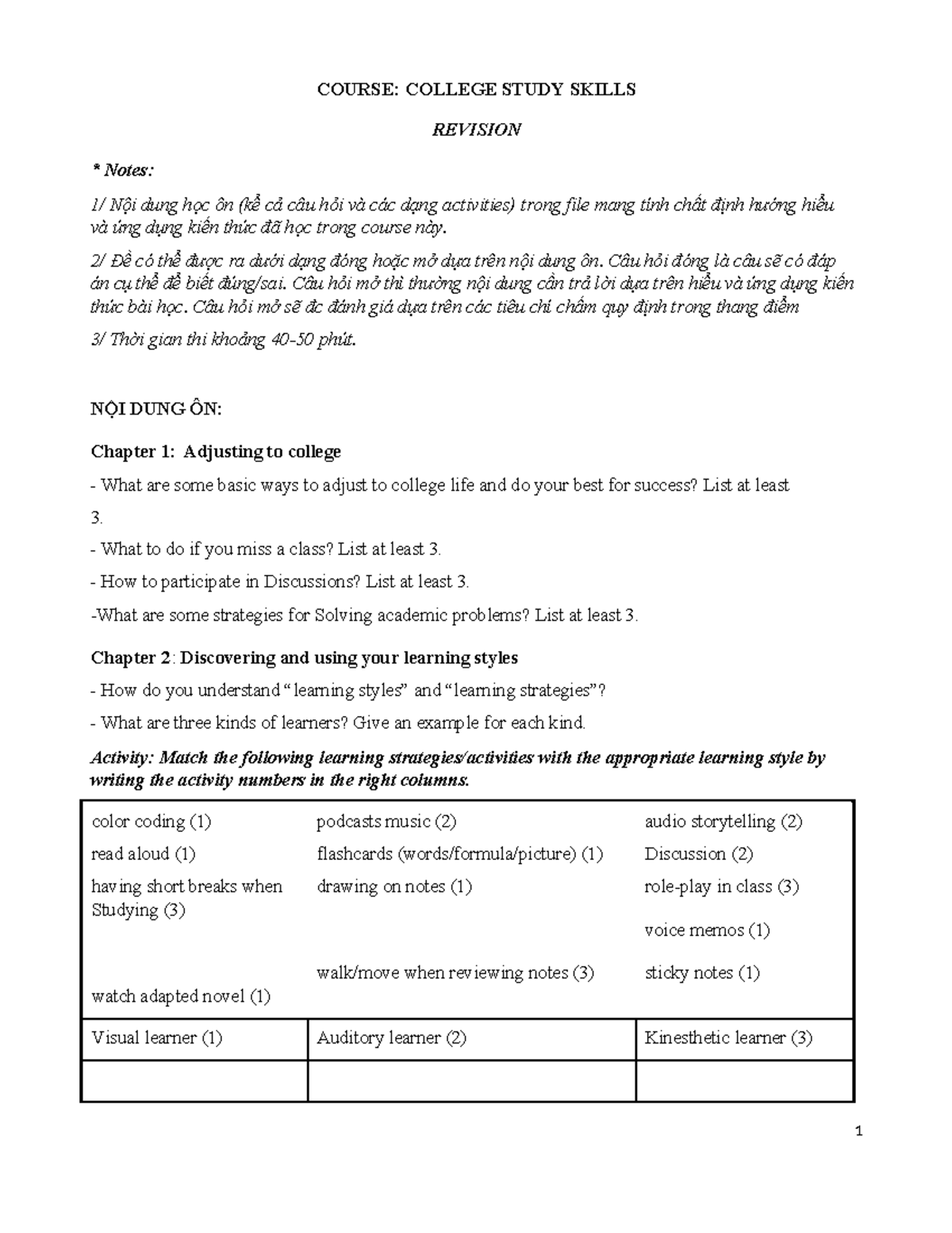 COLLEGE STUDY SKILLS REVISION Notes: KNHĐH Exam Preparation Guide - Studocu