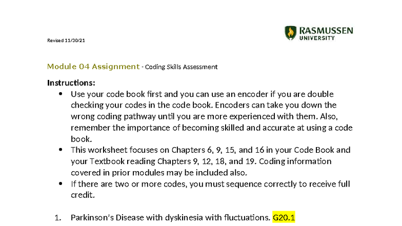 HIM1125 Module 04 Coding Skills Worksheet Instructions - Studocu