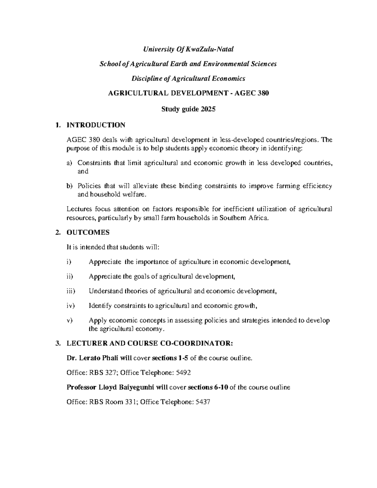 AGEC 380 Agricultural Development Study Guide 2025: Course Outline ...