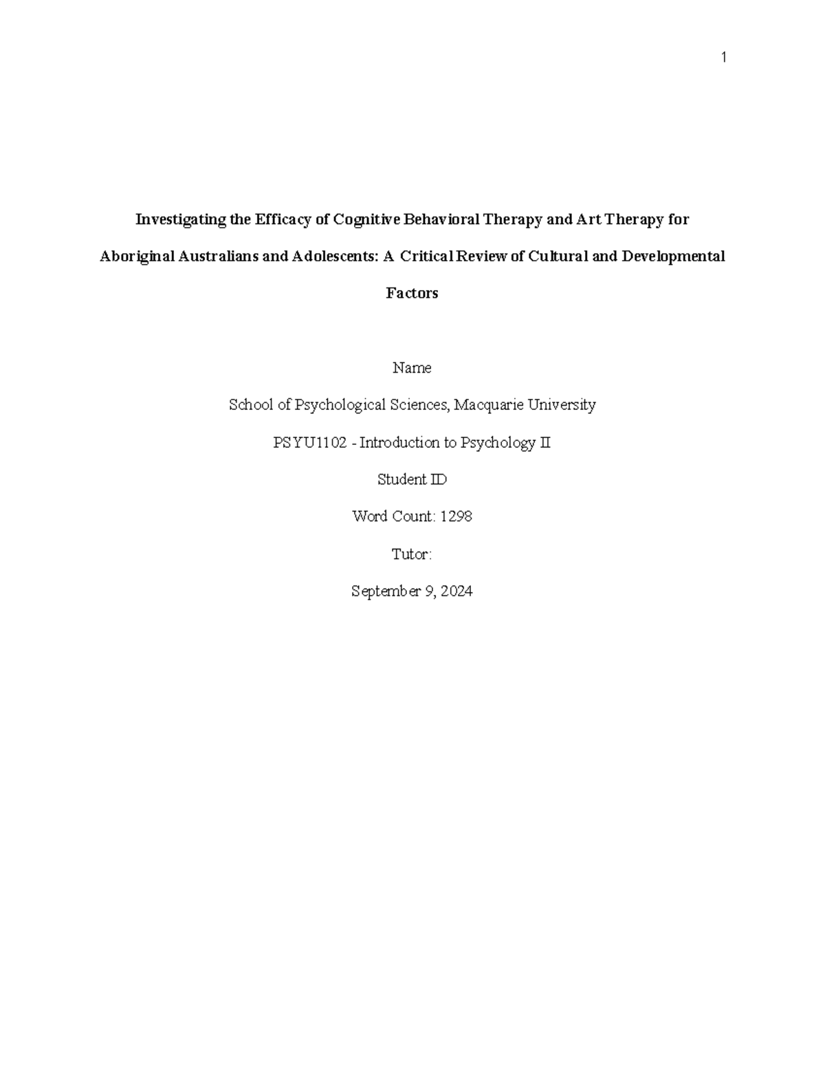 Studoco 93% PSY1102 Essay - Investigating the Efficacy of Cognitive ...