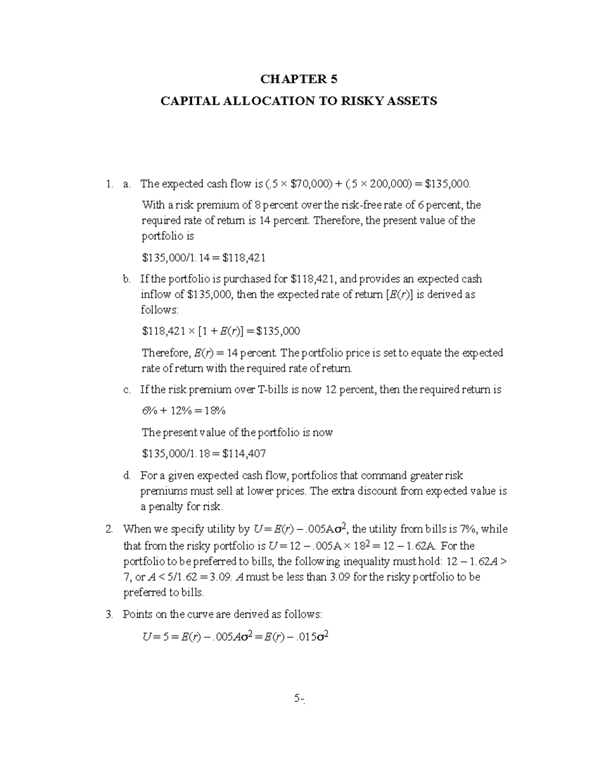Investments 8Ce ISM Ch05 - CHAPTER 5 CAPITAL ALLOCATION TO RISKY ASSETS ...