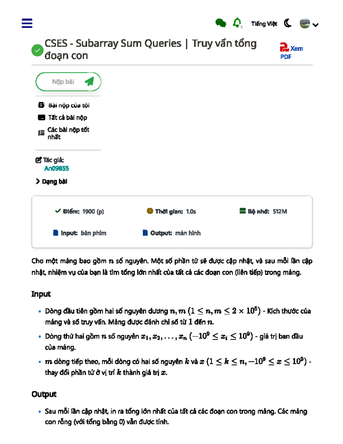 CSES Subarray Sum Queries I - Truy Vấn Tông Con Tối Đa - Studocu