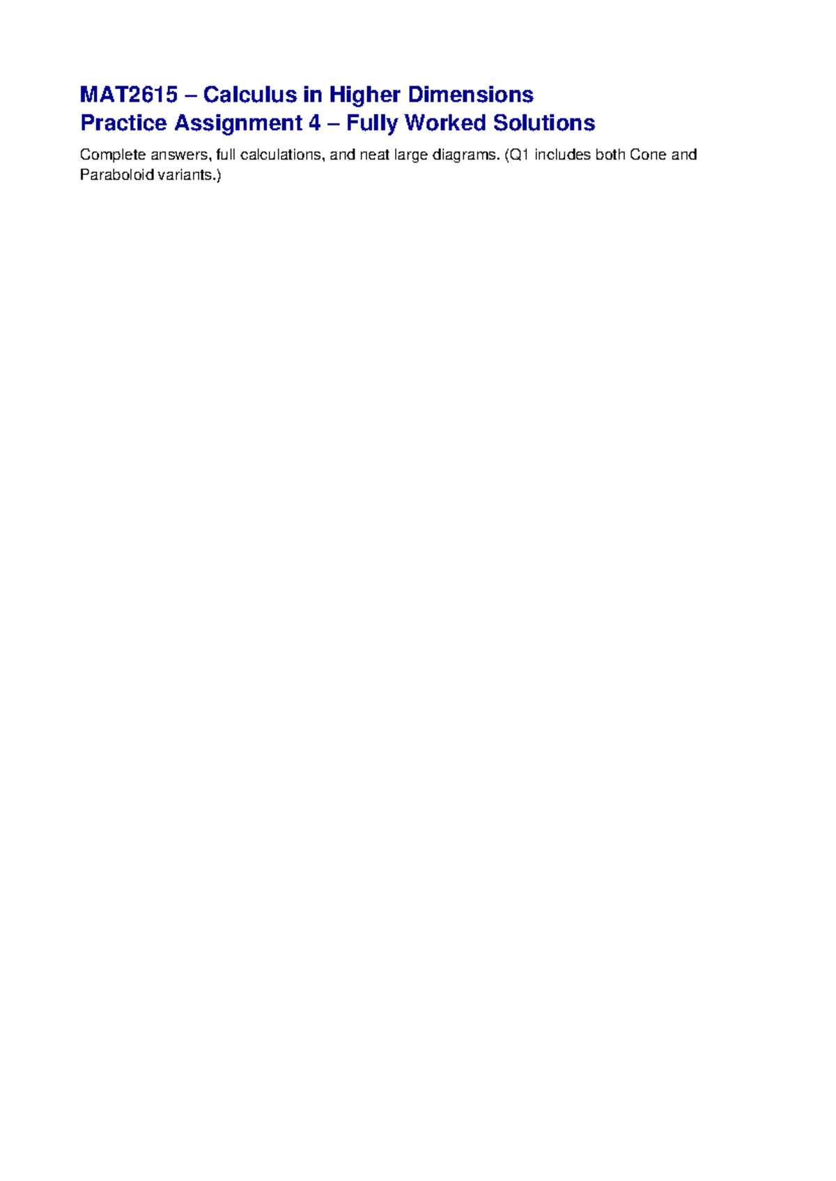 MAT2615 Calculus in Higher Dimensions: Assignment 4 Solutions - Studocu
