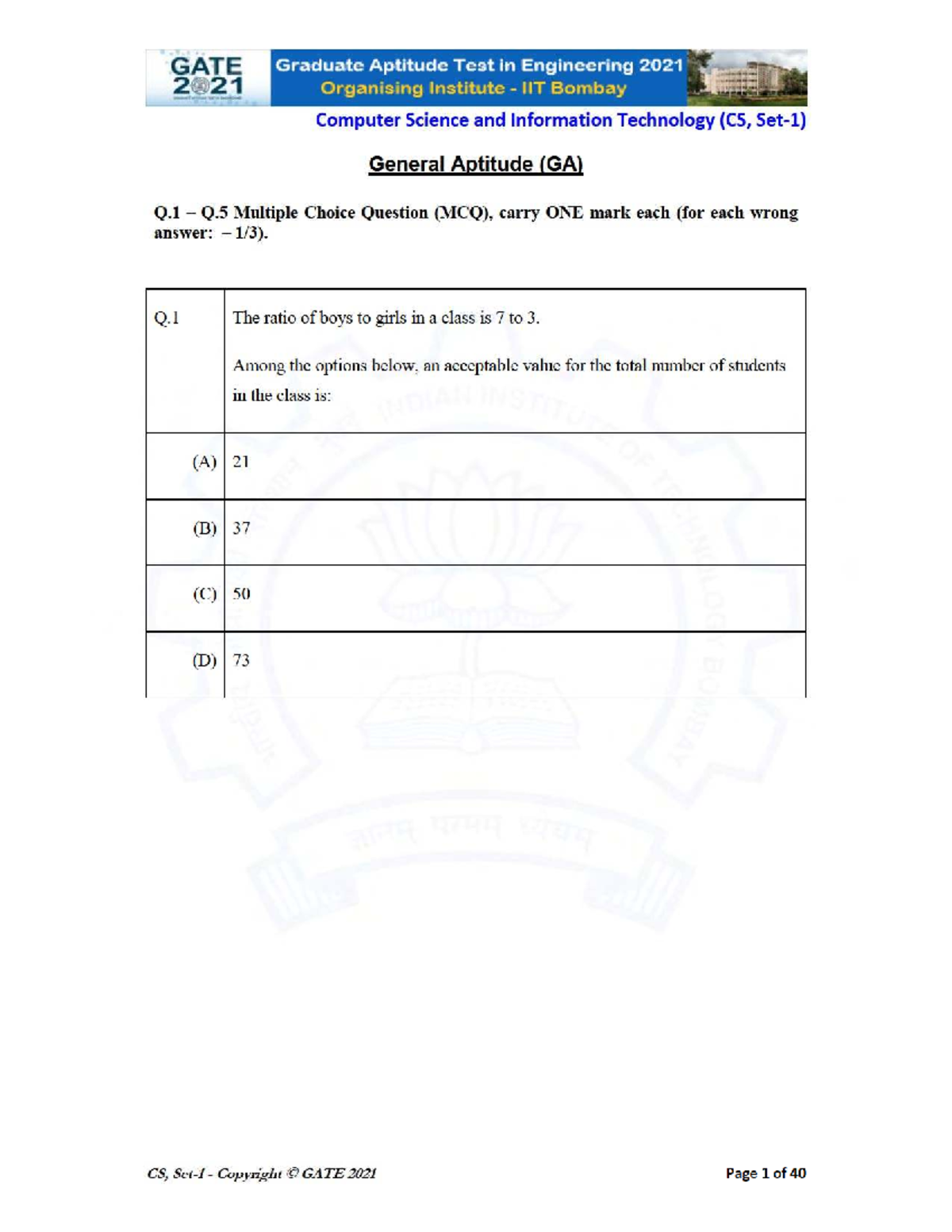 GATE 2021 CS - Graduate Aptitude Test MCQs & Solutions - Studocu