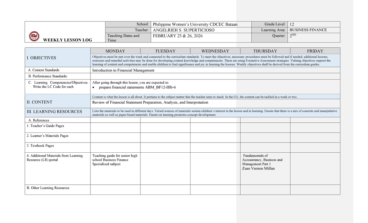 12 ABM Weekly Lesson Log: Business Finance - Week 3 - Studocu