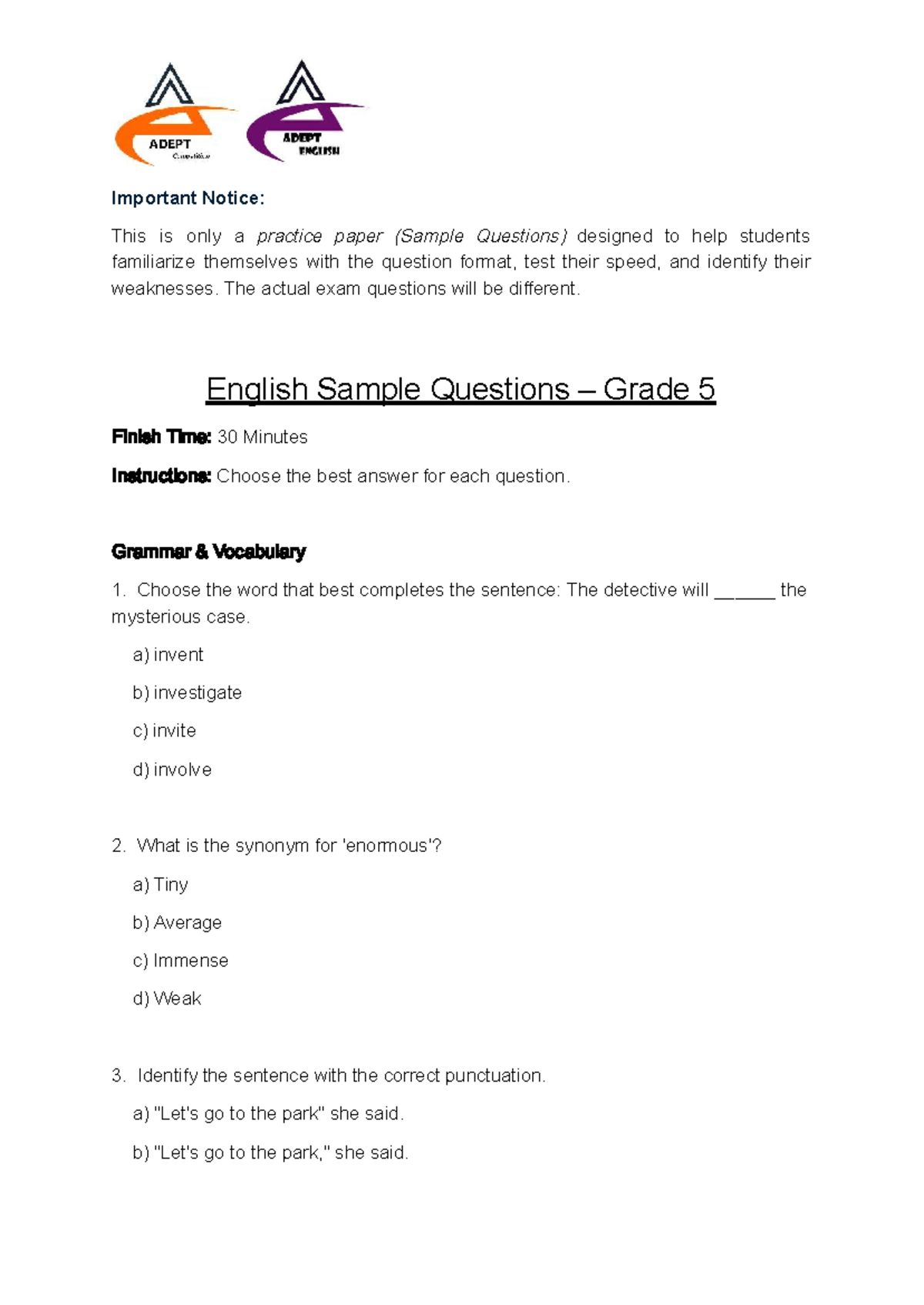 Adept Global Round Sample Questions: English Grade 5 Practice - Studocu
