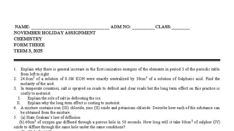 F3 Chemistry Term 3 Holiday Assignment - November 2025 - Studocu
