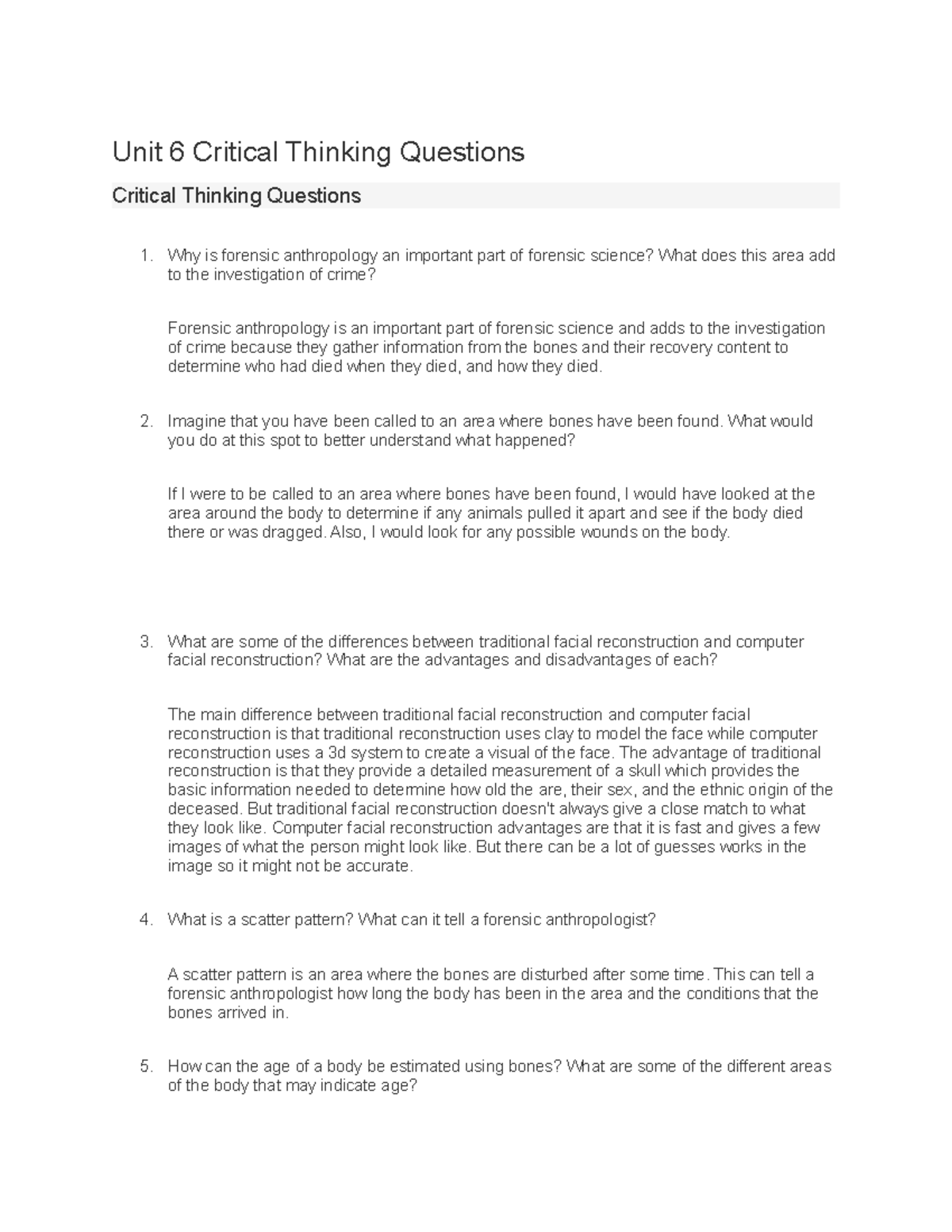 Unit 6 Forensic Anthropology Critical Thinking Questions - Studocu