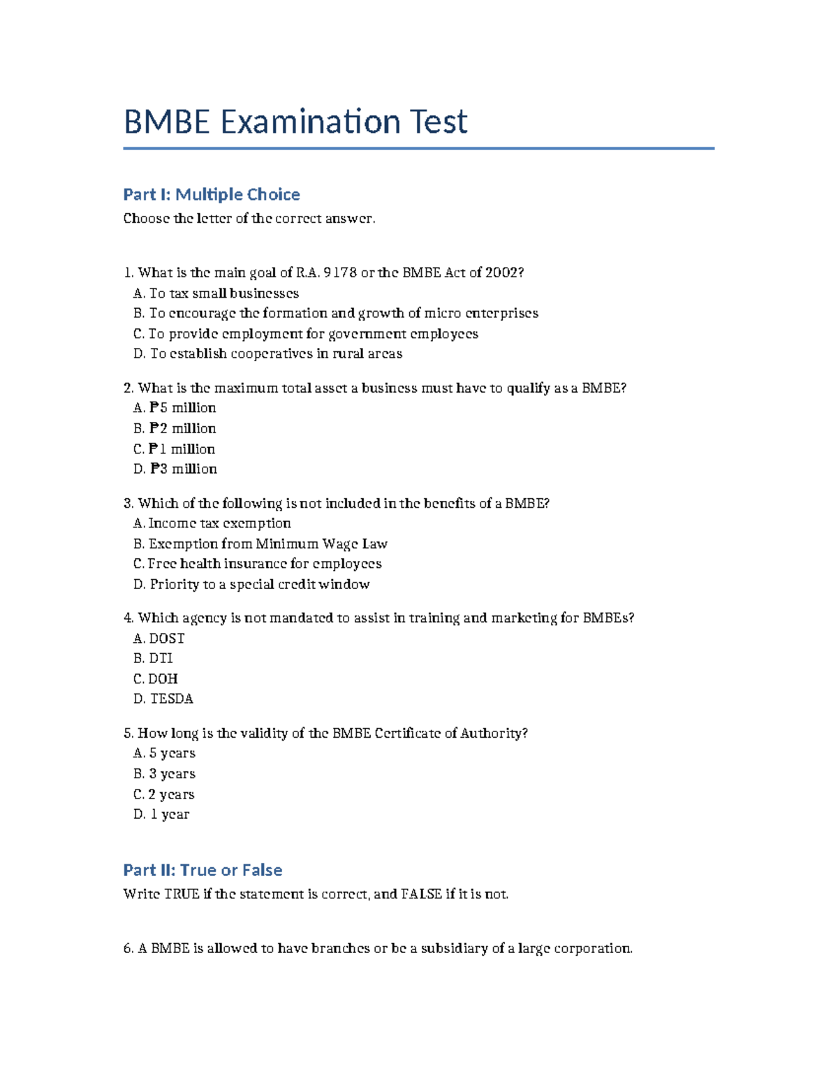 BMBE 2002 Act Exam: MCQs & True/False Questions - Studocu