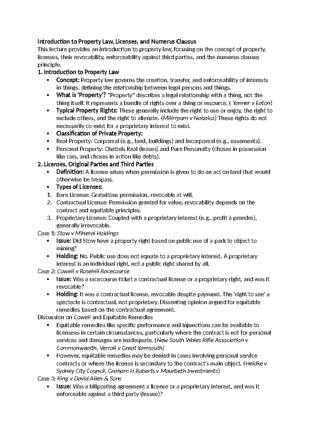 Introduction to Property Law, Licenses, and Numerus Clausus - 1 ...