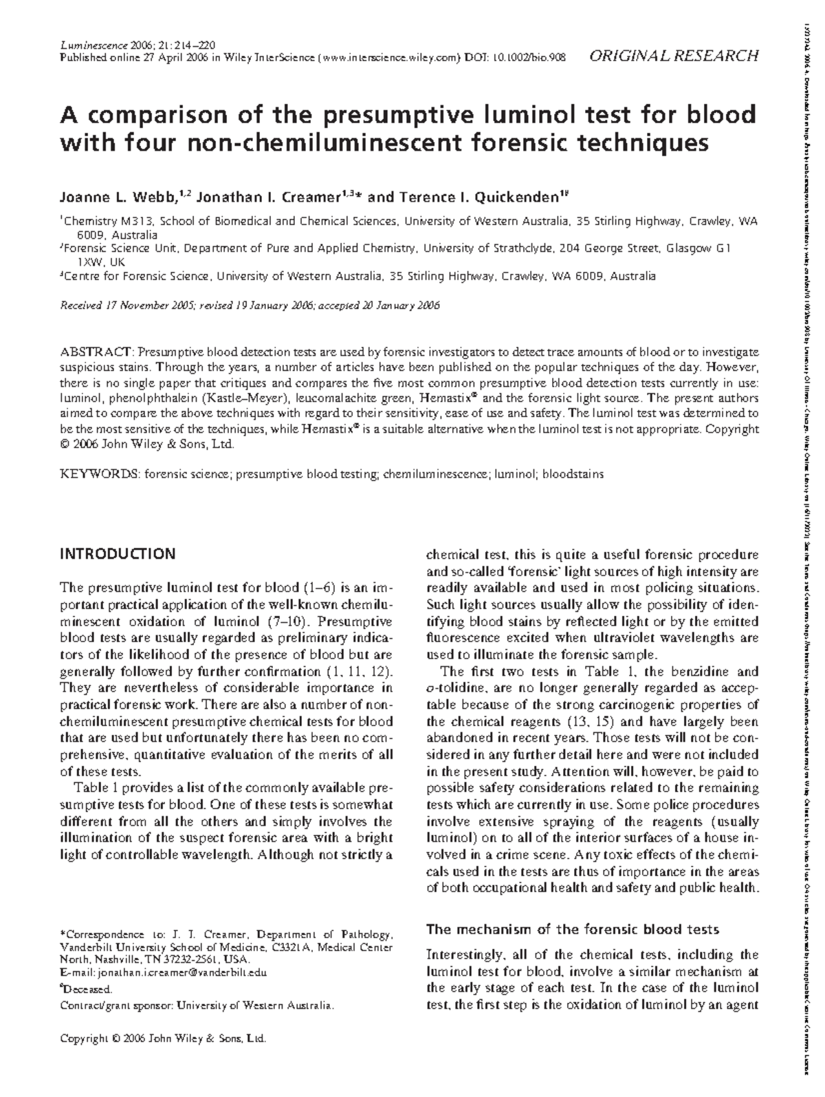 Comparison of Luminol Test for Blood with Non-Chemiluminescent ...
