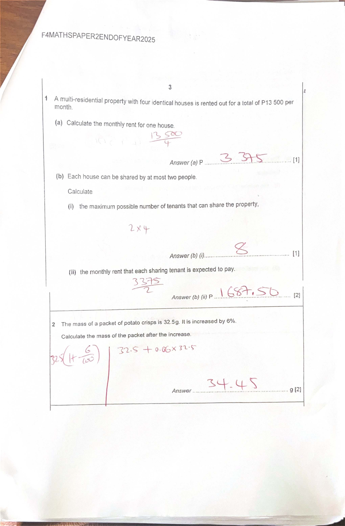 F4MATHSPAPER2ENDOFYEAR2025: Comprehensive Solutions and Calculations ...