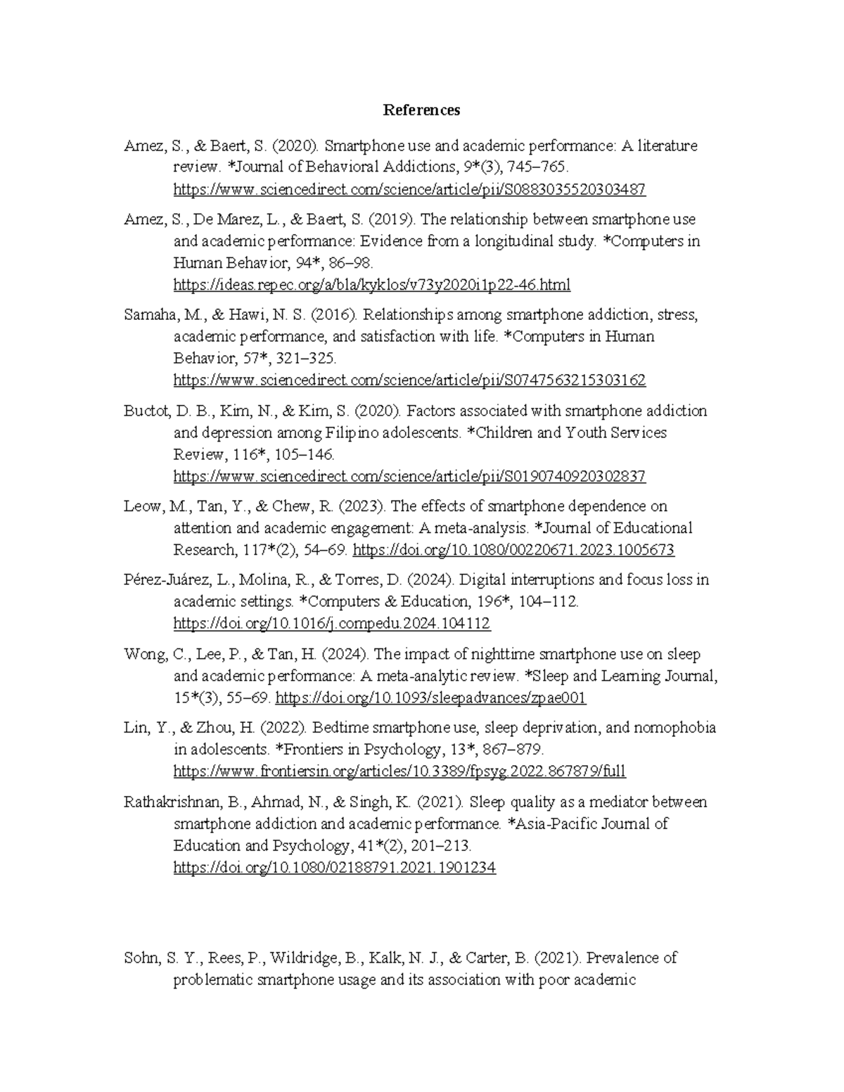 RRL References with Links: Smartphone Use & Academic Performance - Studocu