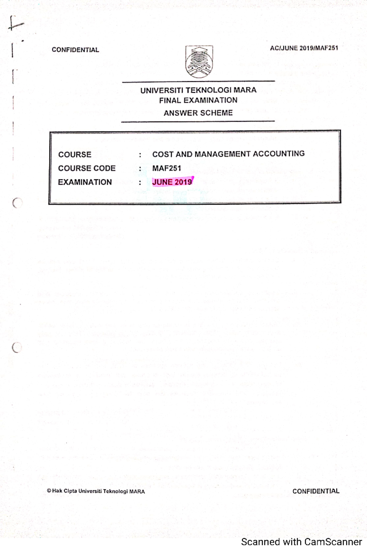 MAF251 JUNE19 SS Eor R&LF - Cost and Management accounting - Studocu