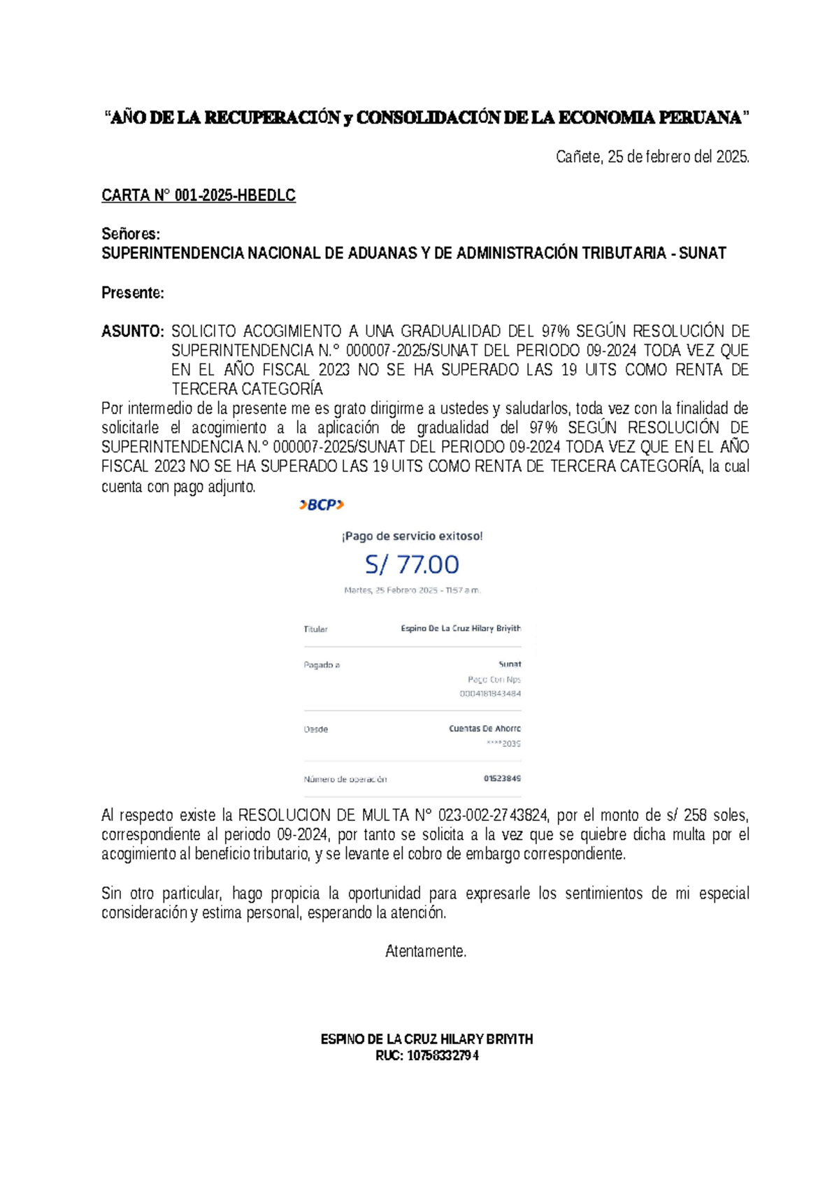 Solicitud de Acogimiento a Gradualidad SUNAT - Carta N° 001-2025 - Studocu