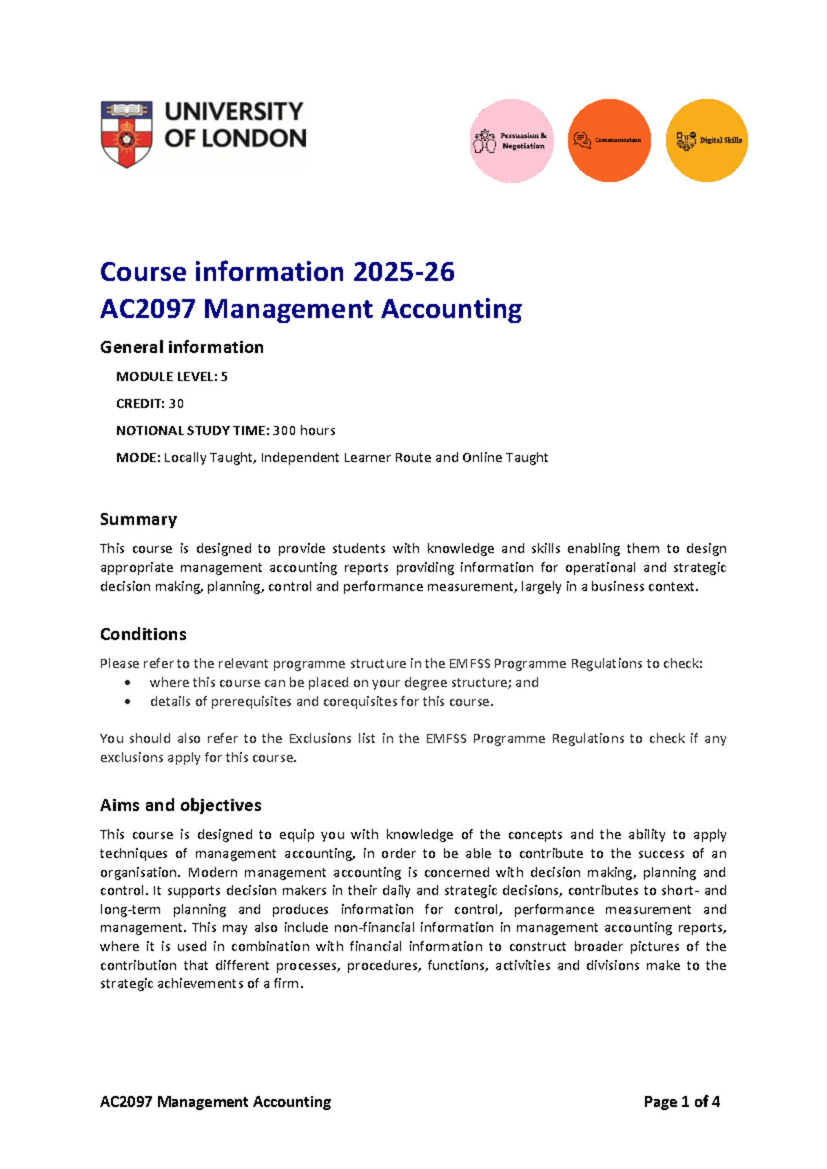 AC2097 Management Accounting Course Overview and Learning Outcomes ...