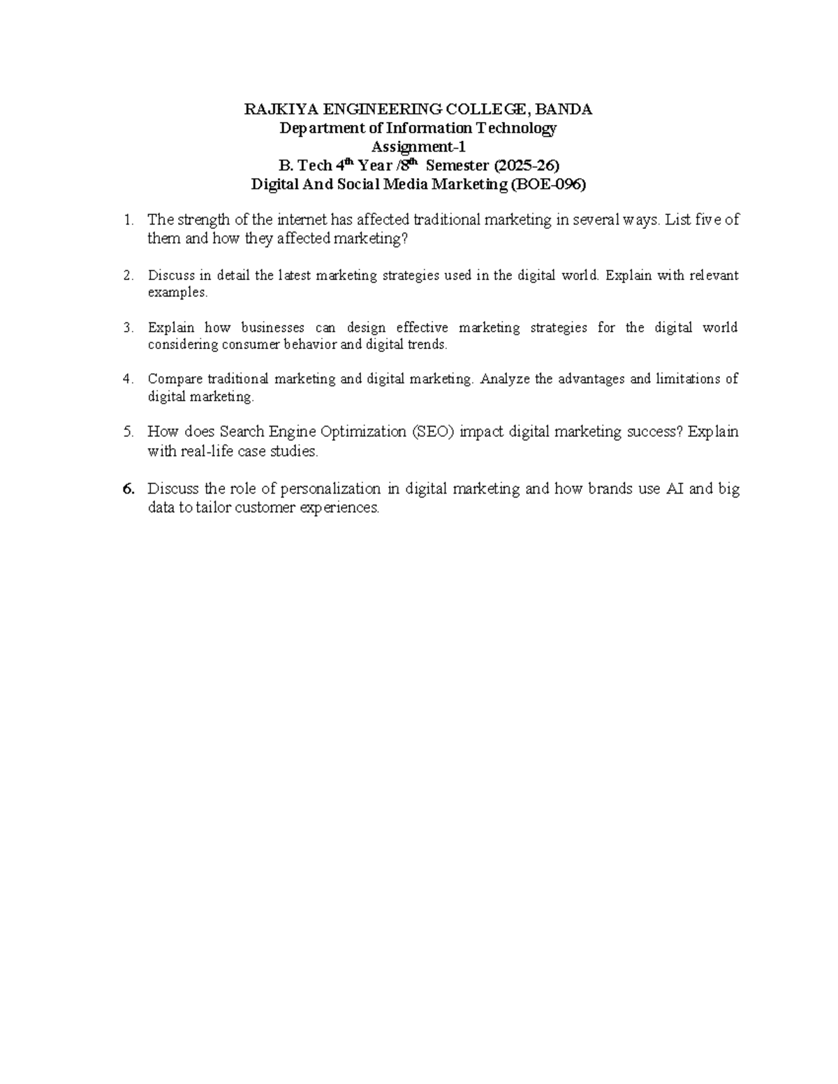 B. Tech 4th Sem: Digital & Social Media Marketing Assignment 1 - Studocu
