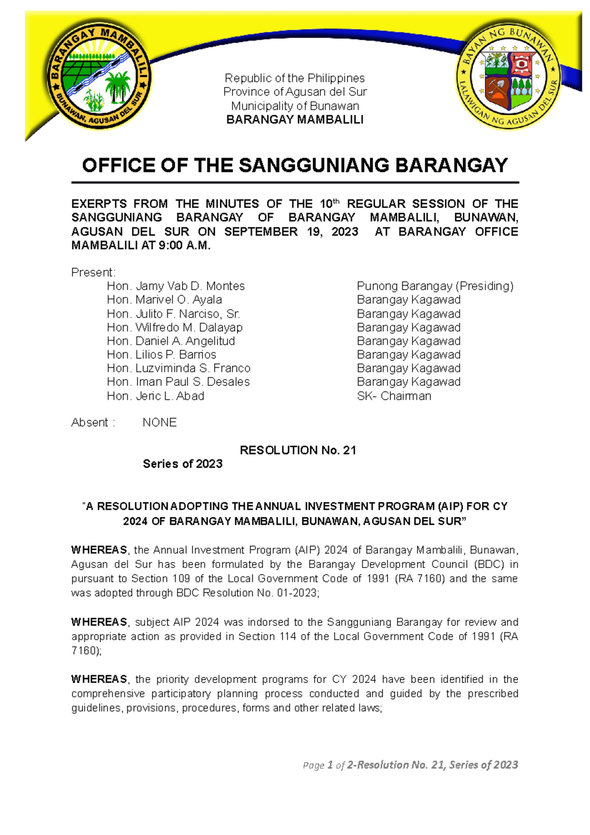 Resolution No. 21-SB: Adoption of AIP 2024 for Barangay Mambalili - Studocu