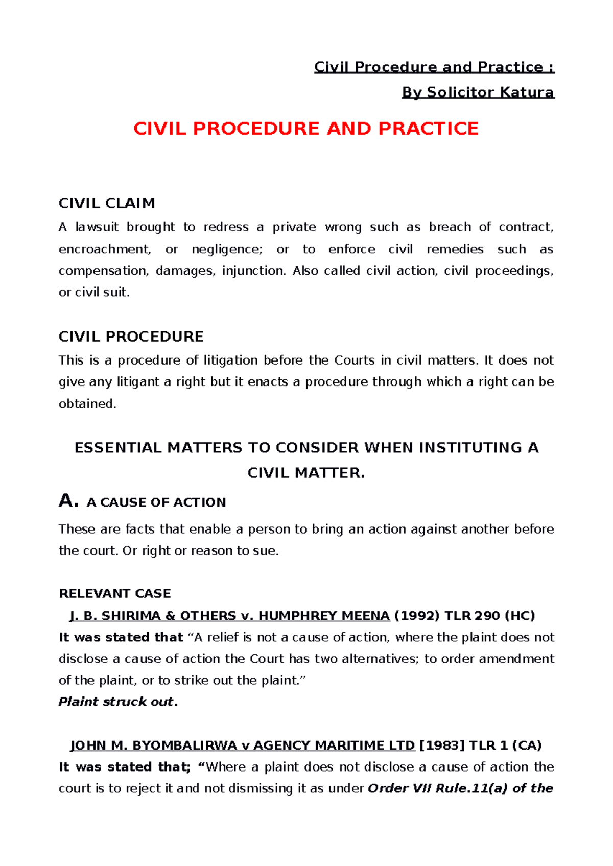 Civil Procedure and Practice Notes for Law School (CIVIL 101) - Studocu