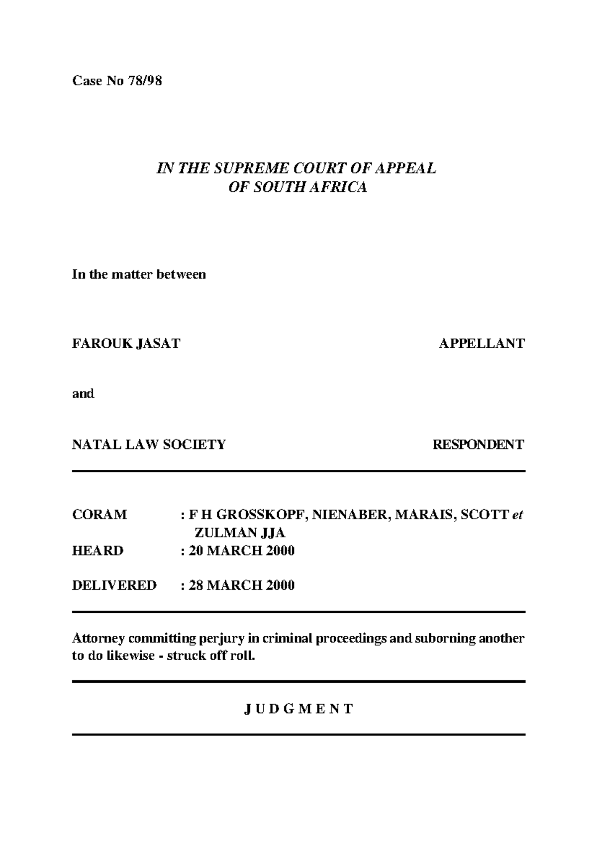 Jasat v Natal Law Society: Appeal Case Analysis and Judgment Summary ...