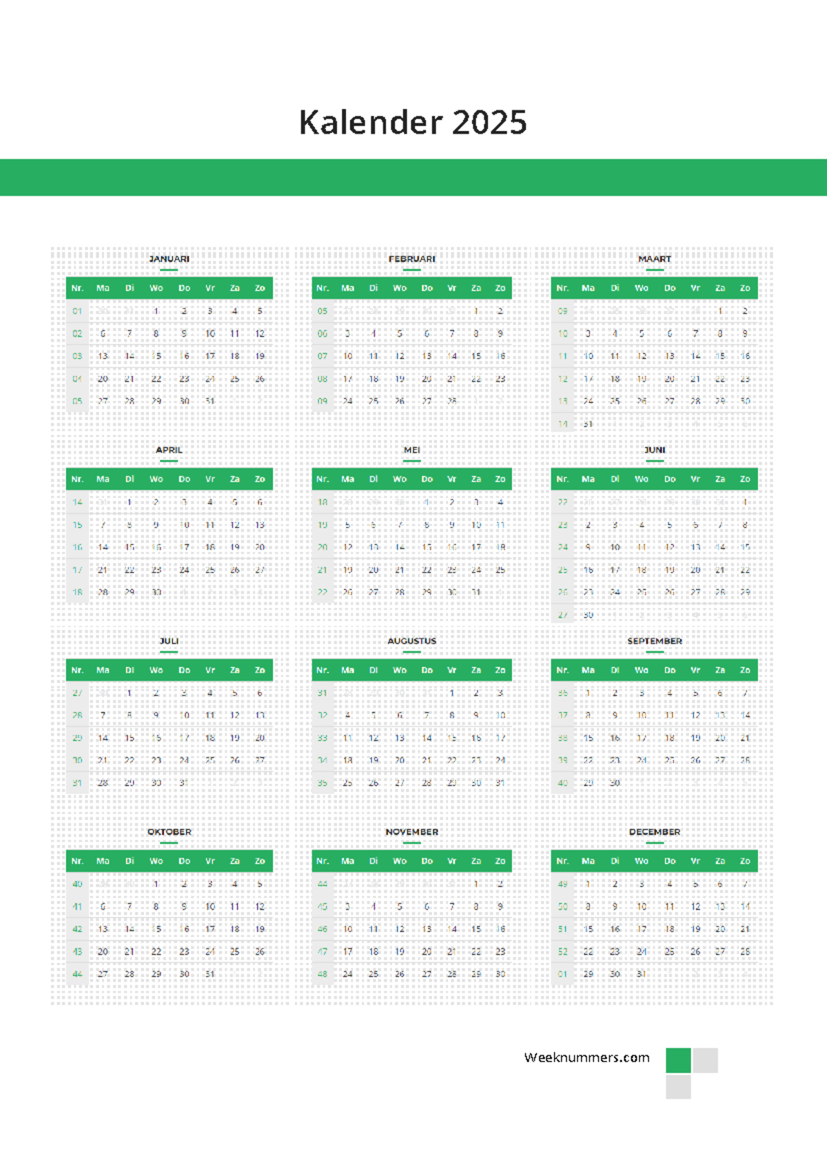 Kalender 2025 - Jaaroverzicht met Weeknummers en Maandindelingen ...