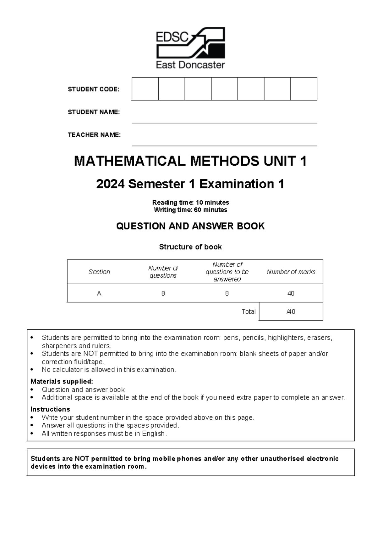 Mathematical Methods Unit 1 - 2024 Semester 1 Exam - Studocu