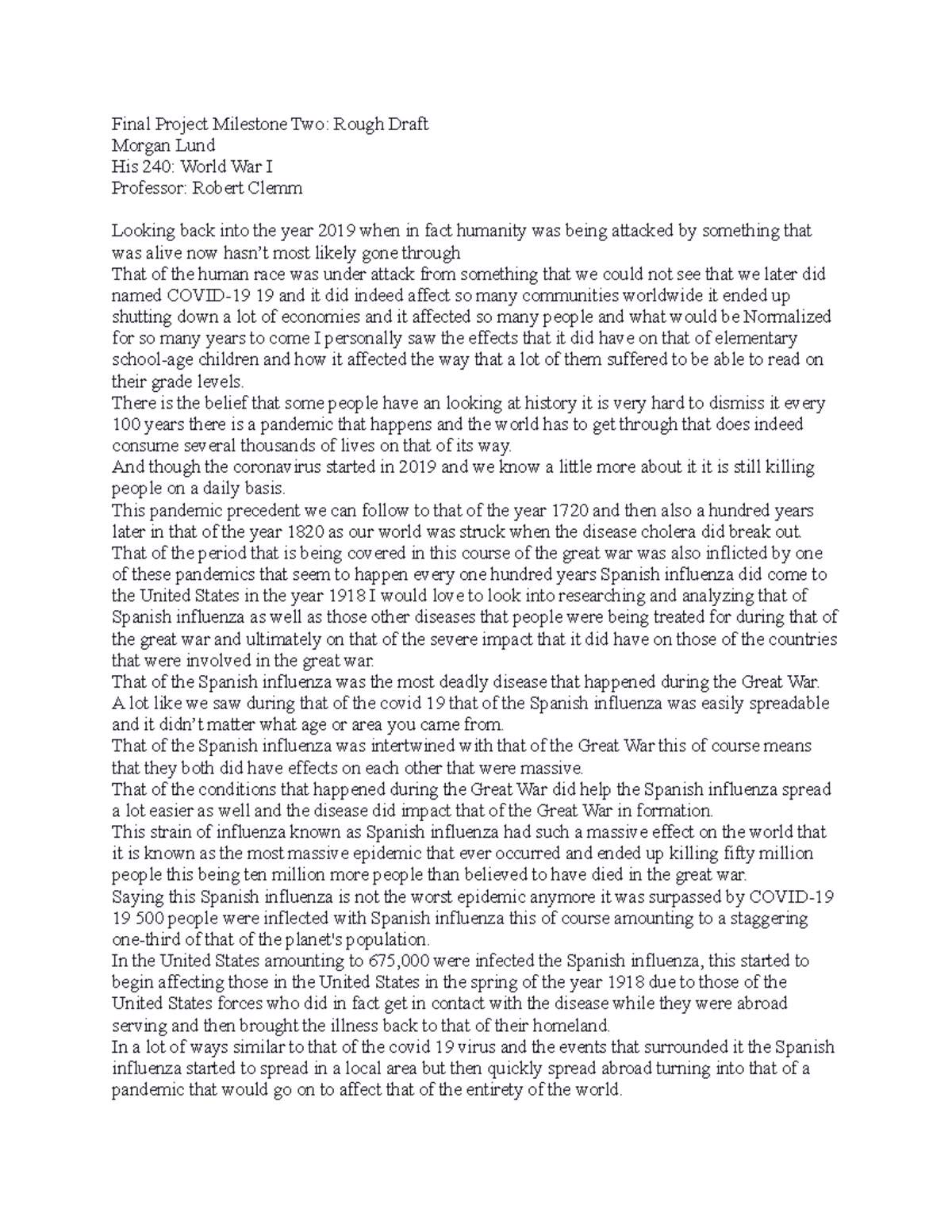 His 240 Final Project Milestone Two: Rough Draft on WWI and Pandemics ...