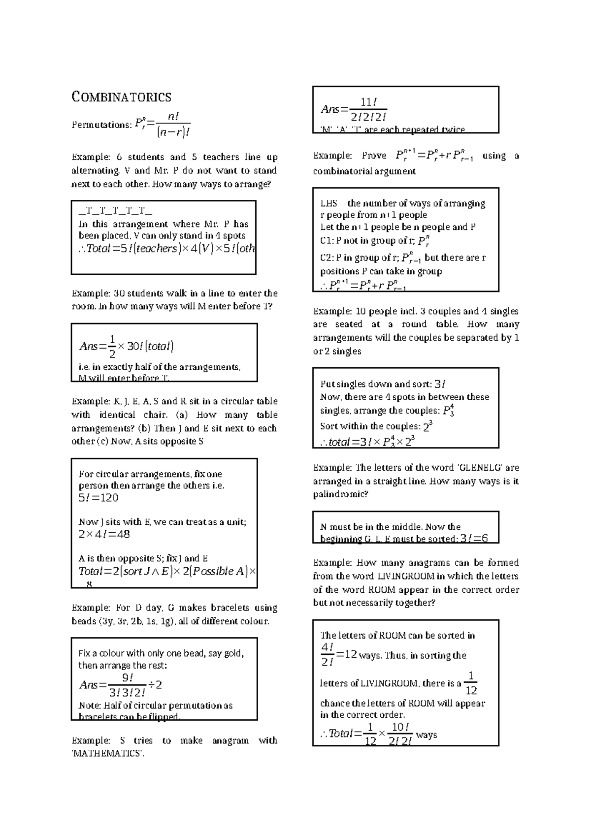 Combinatorics Notes and Examples for MATH101 Course - Studocu