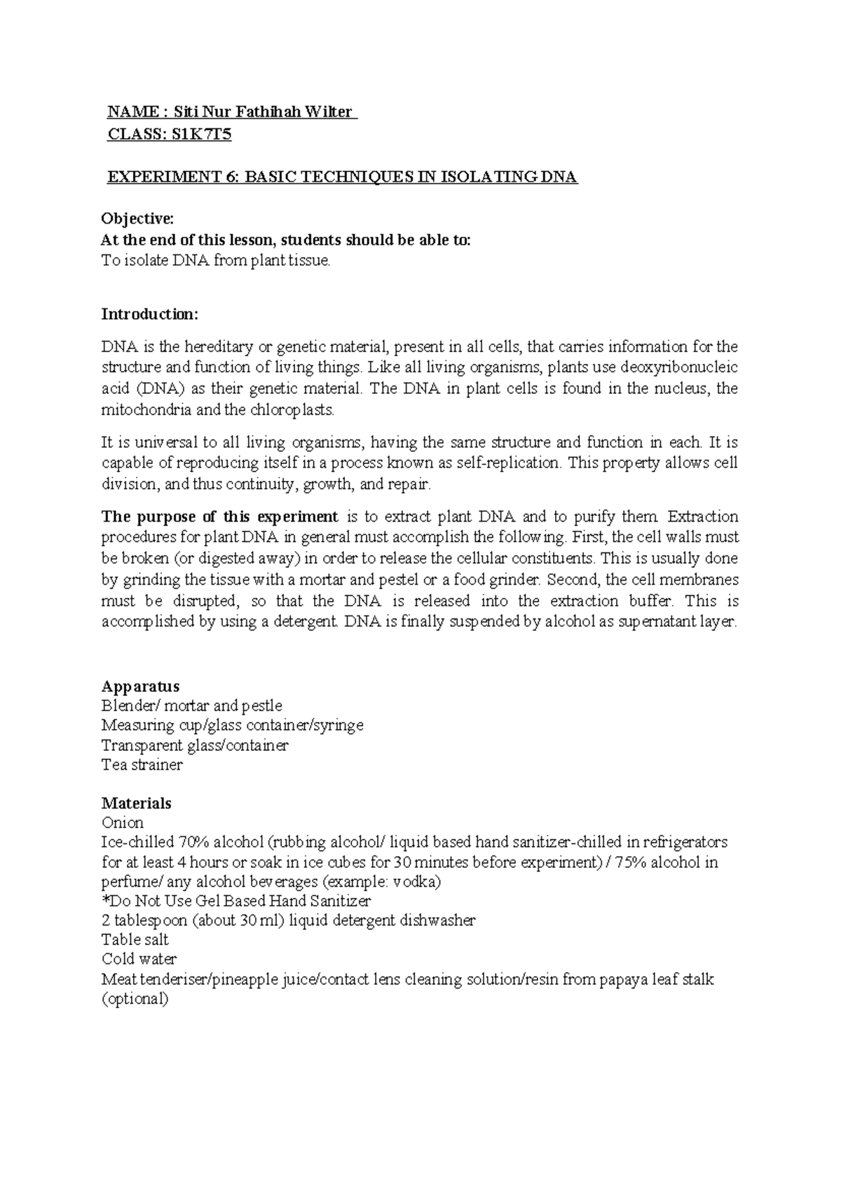 LAB Report: Experiment 6 - Plant DNA Extraction (S1K7T) 2021 - Studocu